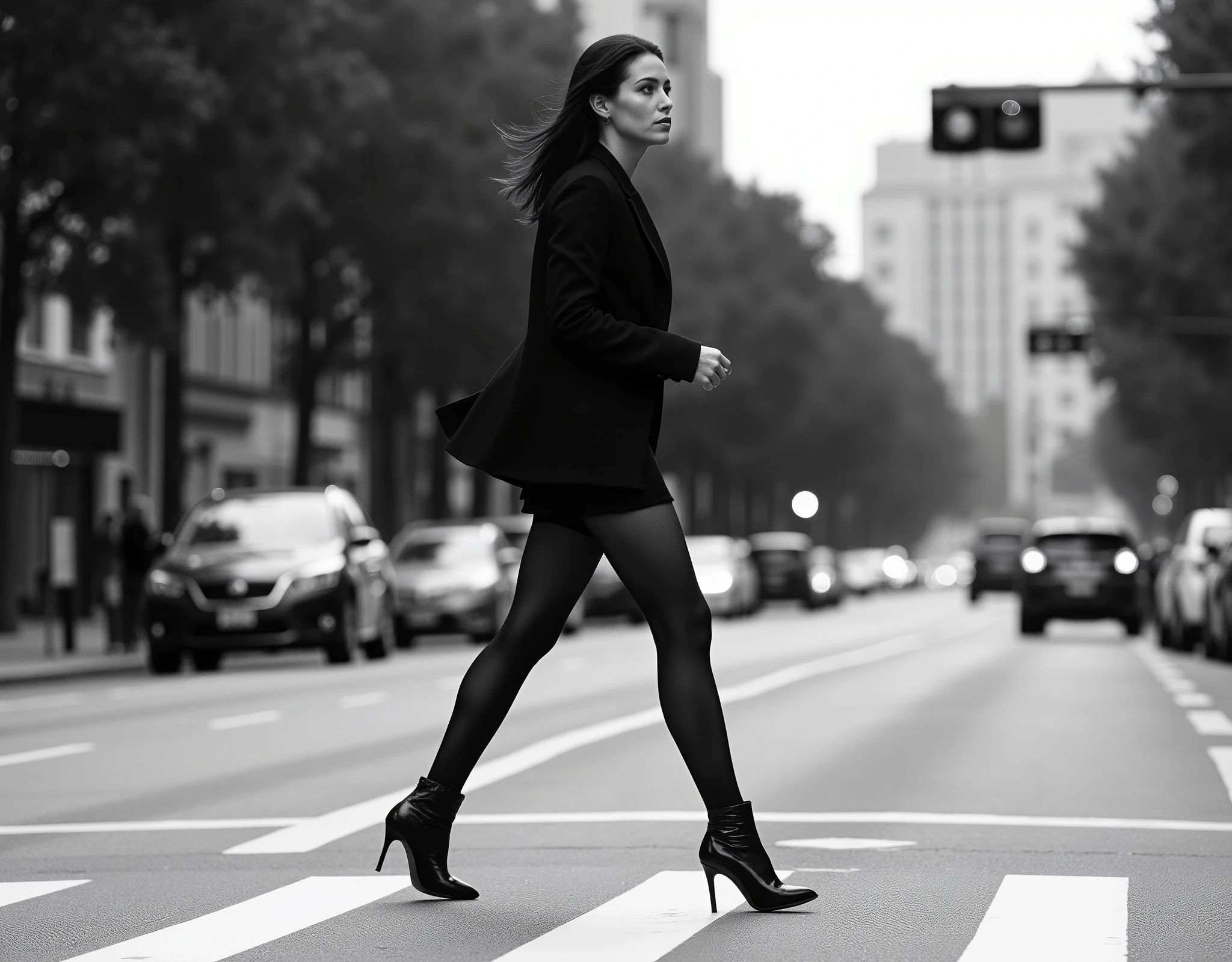 Create a professional black-and-white side-shot photograph of a striking woman mid-stride as she confidently crosses a pedestrian crosswalk in an urban, tree-lined street. Her profile is elegantly defined, with a determined expression and focused gaze conveying a sense of purpose. Her sleek, straight black hair flows subtly with her pace, adding dynamic energy to the frame. She wears a stylish ensemble consisting of a chic miniskirt paired with sheer black tights, accentuating her long, graceful legs. A fitted coat or blazer complements her look, emphasizing both sophistication and modernity. Her footwear—elegant ankle boots or classic high heels—adds to the refined aesthetic, reinforcing the image of a fashion-forward, cosmopolitan woman. The setting is a beautifully composed urban scene with a tree-lined street and buildings subtly blurred in the background, creating depth and emphasizing the subject. The crosswalk serves as a natural leading line, guiding the viewer’s eye along her path and enhancing the sense of movement. The overcast sky diffuses soft, natural light across the scene, producing rich tonal contrasts between deep shadows and luminous highlights. The monochrome palette enhances the textures and interplay of light, emphasizing the contrast between the dark tights and the bright crosswalk lines. The photograph boasts exceptional depth of field, ensuring the model remains crisply in focus while the background retains a slight blur, adding to the cinematic quality. This high-fashion editorial-style image blends street photography with a modern, sophisticated aesthetic, capturing an effortlessly stylish woman navigating the city with confidence in a striking side-shot composition.