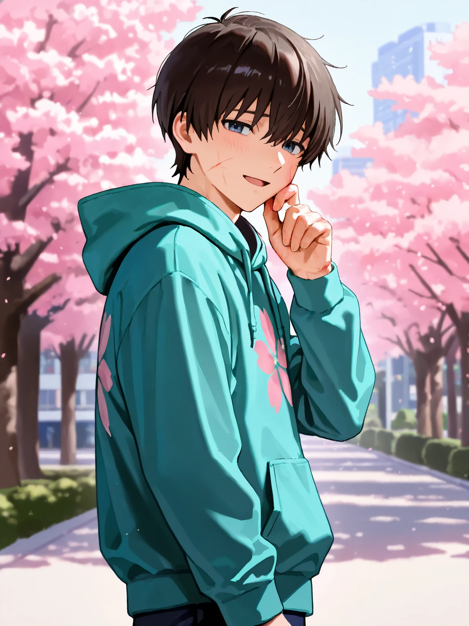 He raises one hand and scratches his cheek with his finger. ((masterpiece:1.2)), top quality, (1boy:1.4), solo, ikarishinji, Close your eyes and make a troubled expression. half open mouth, pink sakura printed hoodie, male focus, looking at viewer, shy, light smile, city park road, cherry blossoms, cowboy shot, (from side view),
