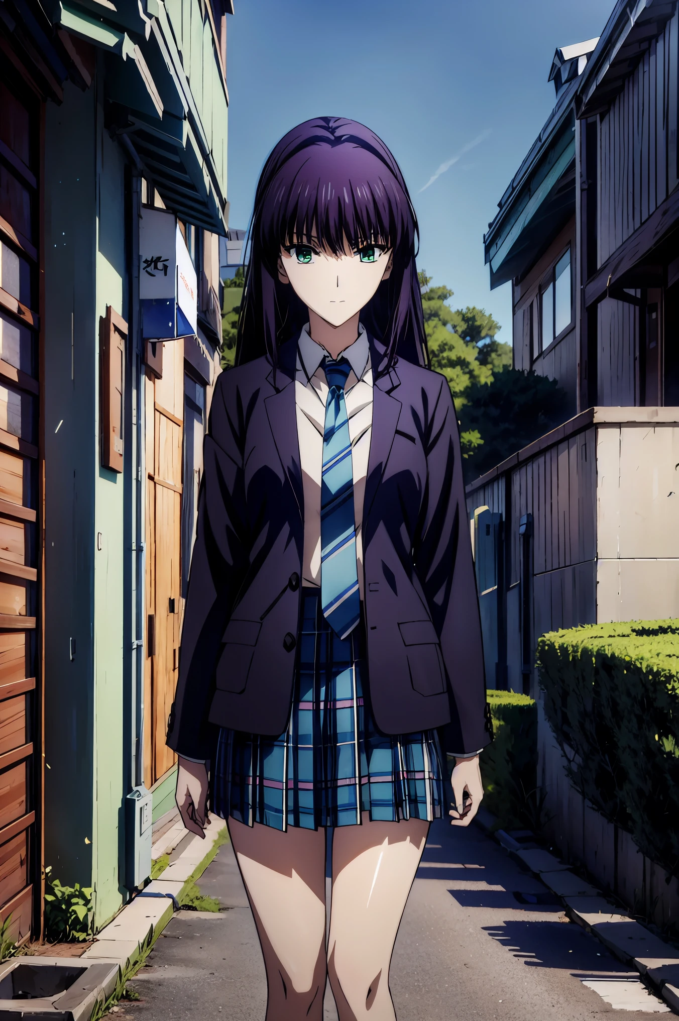 girl wearing blazer uniform,宝石のような瞳, 超 high resolution, ((( green eyes))),赤 purple hair, beautifulアニメ高校の女の子,( masterpiece:1.2, 最 high quality DVD ), ( exists, photo exists:1.4), beautifulイラスト, ( natural light , Movie Screenplay ), nsfw, watch viewers , COWBOY SHOOTING , Front view of the company :0.6, seat, Japanese, college student の女の子, perfect face, beautiful髪, beautiful顔, beautiful and amazing eyes, beautiful鎖骨, beautiful体, beautiful胸, beautiful太もも, beautiful足, beautiful指 , ((( navy jacket ), light blue shirt , details beautiful DEL I'm CATE EYES FULL OF DEC I ON , black socks, blue tartan ribbon tie )), ( beautiful風景), evening , Riverside, walk, Smooth animated CG art , 魅惑的な Anime Girl , MAKE A GIRL IN A LONG COAT , high resolution, very good detailedなイラスト, DARK BLUE PLEATED MINISKIRT VIBRATOR , RAW photo , film grain , clothed , U high resolution and 8K Connection , 長い赤 purple hairと green eyesをした Anime Girl , Anime Moe Art Style , 若い Anime Girl の接写, Smooth animated CG art , beautifulアニメの college student の女の子, Anime Moe Art Style , シュールな college student の女の子, Anime Girl , 魅力的な Anime Girl , シュールな college student の女の子, GIRL WITH SHINY CLOTHING , high resolution, CG Details , high quality DVD shadows, beautiful、delicate face、All the details , ディテール beautiful DELICATE EYES FULL OF DECISION,break( high resolution8Kの壁紙 ),(高度に CG Details 8kの壁紙),Makima ( CHAINSAW MAN ),Scathach ( Destiny / GRAND ORDER REQUIRED ),Reika Shimohira , high resolution, とても繊細で beautifulCGイラスト,最 high quality DVD , exists Feeling , exists fabric, exists texture,((( debris flies))), (((最 high quality DVD ))),8k,At 32k, masterpiece, beautiful and charming anime woman , supermarket with shelves behind, very good detailed, high resolution,シュールな college student の女の子, masterpiece, 最 high quality DVD , high quality DVD , Freshness , high quality DVD texture, high quality DVD shadow, High detail, sex , seat, college student , alone,I, alone, alone, ADULT BIB , beautiful長い脚, beautiful胸, beautiful太もも, Tight legs , beautiful leg line , Slender Hips at an Unmanned Bar ,Mature body girl, Big breasts only , beautiful胸,reddish purple hair, purple hair, BLACK CURRANT HAIR , charming Anime Girl , colorful hair, straight hair ,shy smile,幸せそうなsmile, 輝かしいoutside見 ,cute smile,Cool Beauty, beautiful女性, handsome face , beautiful写実性, attractive figure , seductive face , calm expression , beautiful髪,smile, colorful eyes , green eyes,Jade Eyes, beautiful目,bright eyes, DELICATE EYES FULL OF DECISION, Jewel Eyes ,Jade Eyes,( green eyes:1.5), charming face ,8 heads,:: 174cm,彼女は首に necklace 身に着けています, necklace ,beaded necklace ,Magatama Accessories,smile,turtleneck , sweater , JINS , blue denim pants , Ladies' bag , Behind the shoulder , Orbital Space , standing with beautiful目 , walk , holiday , takeoutside , Bustling city , low fashion , blue sky , Building Street , Model Photo, outside , takeoutside , viewer , Model Photo , private , holiday,, (((masterpiece))) , (((Best Quality))) , 8k , 32K , masterpiece , Beautiful and charming anime woman,perfect face, beautiful髪, beautiful顔, beautiful胸