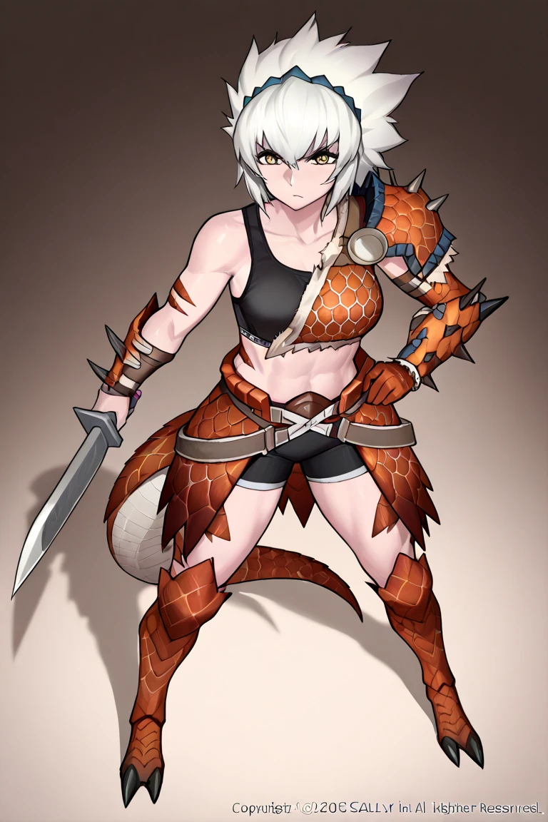 shield,1girl, weapon, solo, ((holding-shield)), long-hair, breasts,sword, ((green-hair)), holding, navel, armor, holding-weapon, open-mouth, large-breasts, looking-at-viewer, full-body, holding-sword, belt, smile, thighhighs, cleavage, shoulder-armor, yellow-eyes, monster-gir, ((tail)),more_details:-1, more_details:0, more_details:0.5, more_details:1, more_details:1.5,monster girl, ((lizard-girl)), standing, gauntlets, midriff, bangs, scales, helmet, bare-shoulders, blush, ((green-tail)), knight, wavy-hair, very-long-hair, ((Buckler))