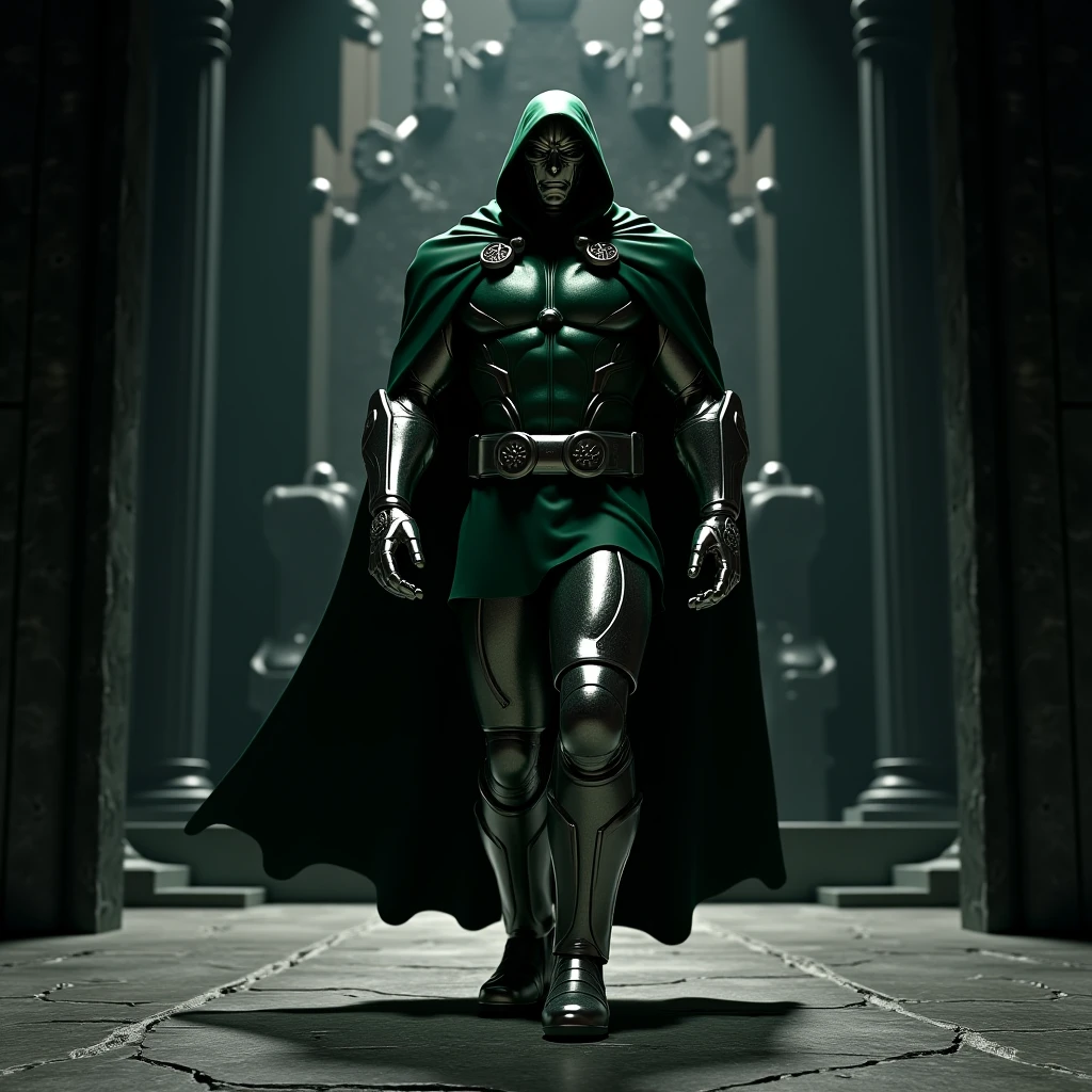 Cillian Murphy as Dr. Victor Von Doom, I'll describe him without the mask, emphasizing his role as a powerful, sinister figure with a muscular build. I'll include him in his iconic metallic Doom armor, but with the face visible, showing his cold, intense expression. The background will feature a haunting scene of the Avengers defeated, creating a dark and ominous atmosphere.