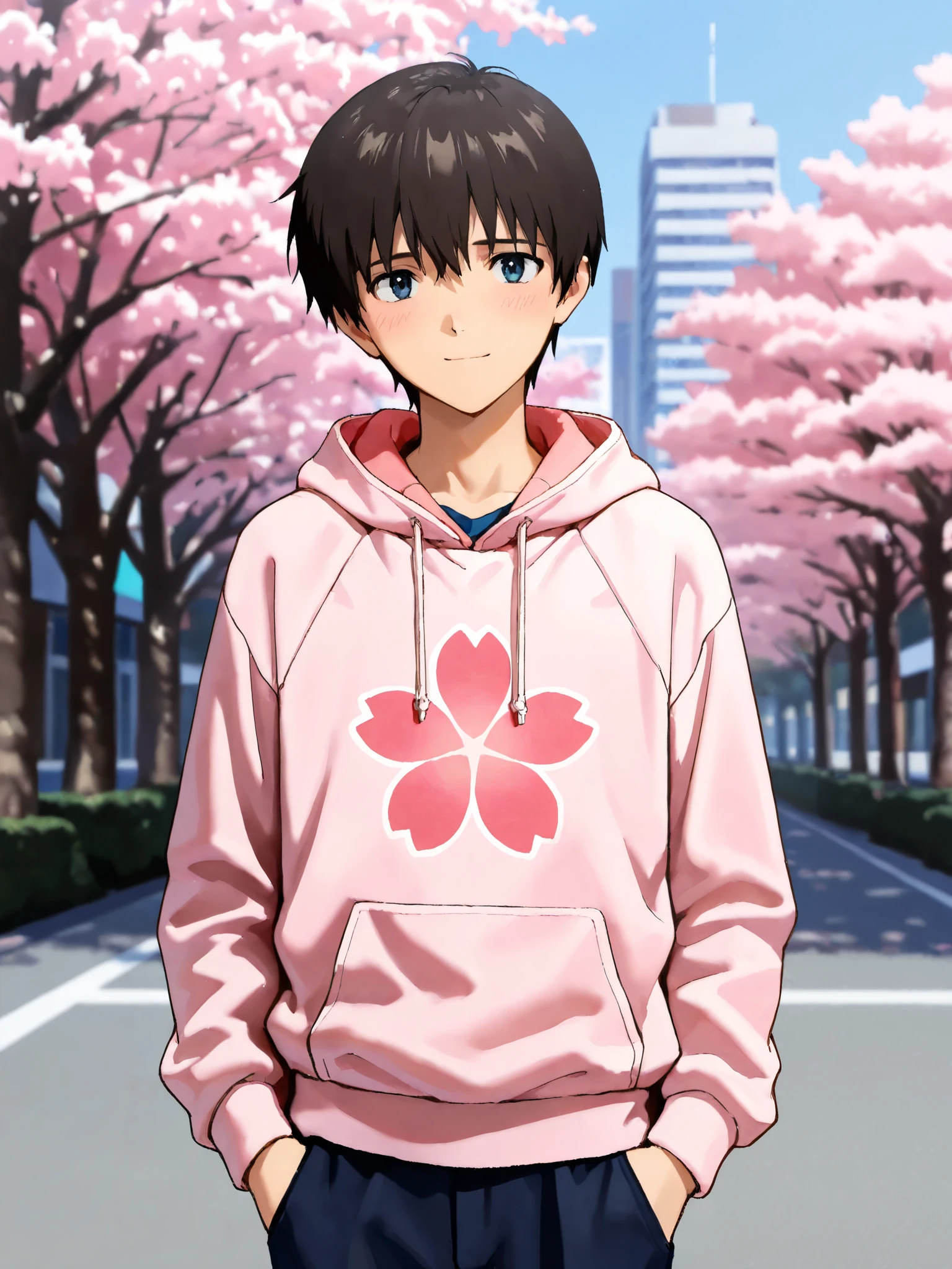 ((masterpiece)), top quality, (1boy:1.4), solo, ikarishinji, pink sakura printed hoodie, male focus, looking at viewer, shy, light smile, city park road, cherry blossoms, cowboy shot, (from front view),