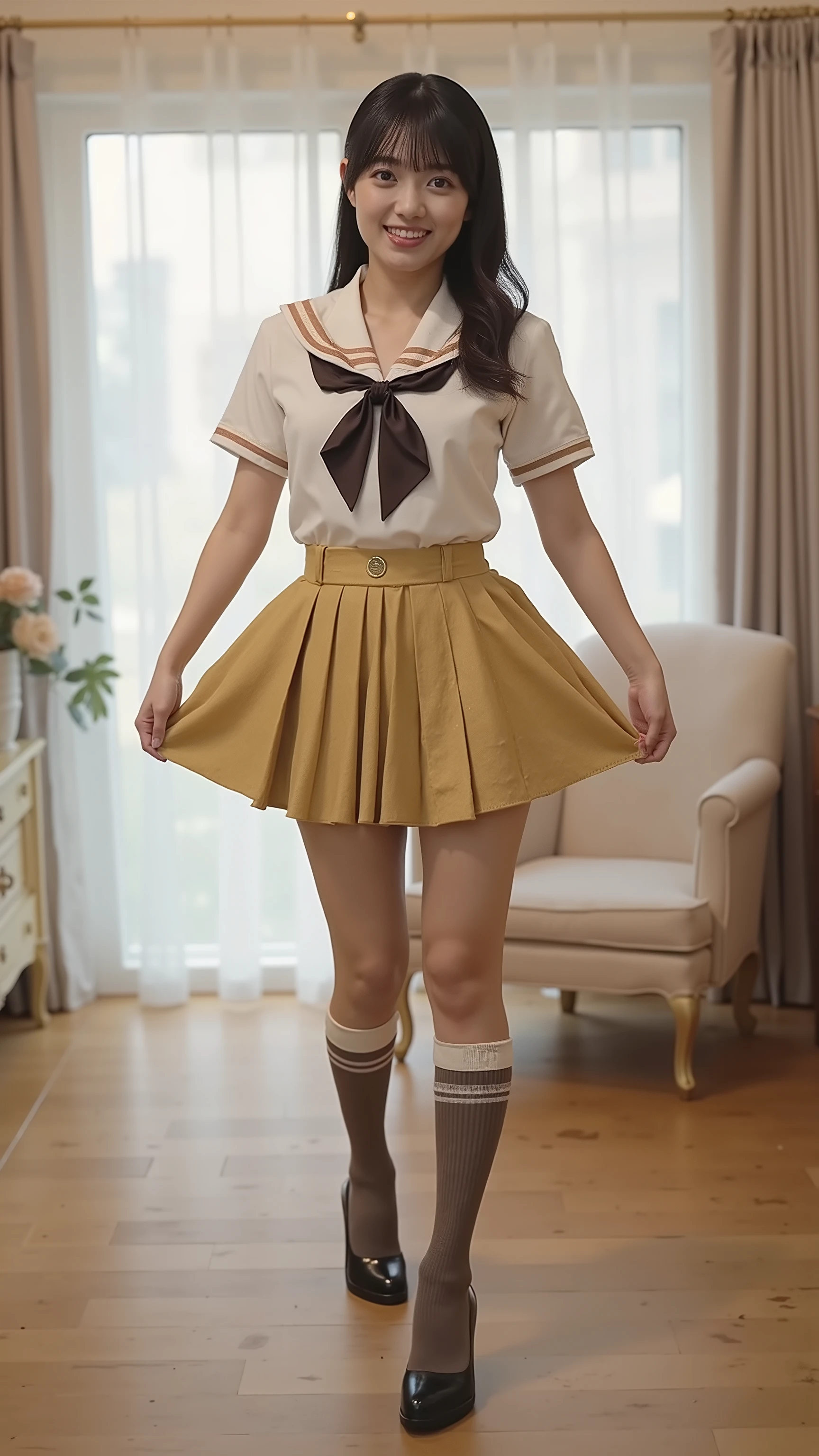 there is a woman that is standing in a room with a skirt, dressed as schoolgirl, lalisa manoban of blackpink, thighhighs and skirt, wearing honey - themed miniskirt, youtube video screenshot, wearing skirt, Lalisa Manobal, wearing skirt and high socks, small curvy loli, loli in dress,Pull one leg diagonally backwards, lightly bend the knee of the other leg, stretch your back, and say hello while holding the skirt with both hands、 with a smile、