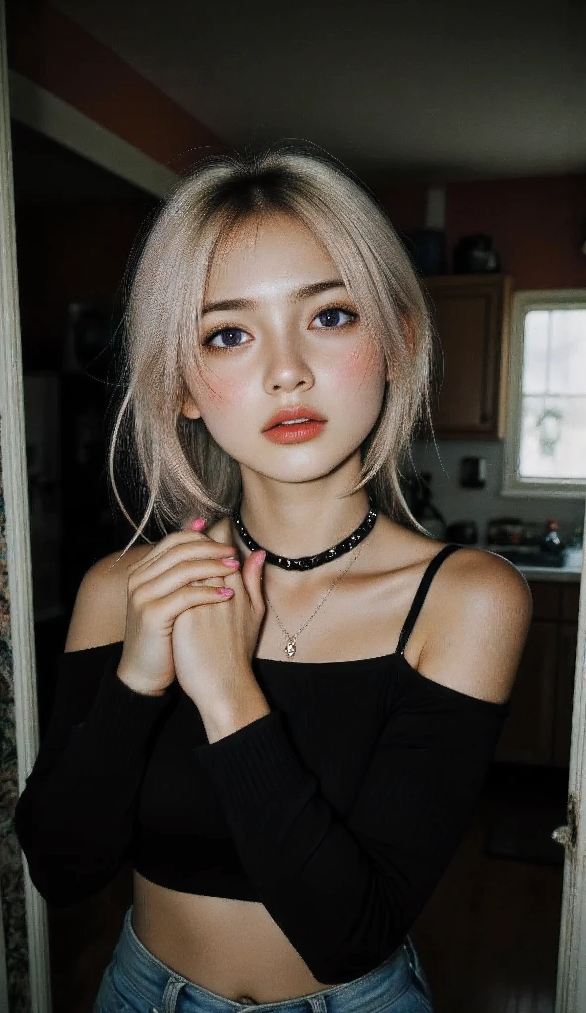 1girl,heart-shaped pupils,fingernails,hands on own face,white hair,purple eyes,(blush:1.1),choker,upper body,trembling,sweat,sweatdrop,heart,(speed lines:1.1),medium breasts, ((heavy breathing:1.3)), love, heart, crop top, happy, smile {(no bra, braless)} Taken from a Leica m9 50mm 1.2, lowlight photography, At the house, seductive small smile, My Sweet adorable innocent and sexy korean goth girl mommy is standing in the doorway from the cluttered but homey and cozy countryside kitchen looking at me in pleasant surprise as she comes in, sexy and voluptuous 30-year-old goth milf in loose white oversized comfy t-shirt tucked into her ripped jeans, 1girl Cozy bedroom , 4kPhoto_PDXL Photorealistic, 30 years old , Filipina-korean goth girl brown skinned pacific islander Spanish mix girl, high resolution, life-like details, Freckles, moles, simple and elegant demeanor, lovely and ethereal face, Photorealistic and life-like skin texture, , My Sweet adorable innocent and sexy mommy is standing in the doorway looking at me in surprise as she comes in, sexy and voluptuous 30-year-old goth milf in loose oversized t-shirt , 1girl, realistic,life-like skin texture,symmetrical,aesthetically pleasing,cinematic composition,detailed portrait,photorealistic,masterpiece,ultra-detailed,sharp focus,physically-based rendering,extreme detail description,professional,vivid colors,high resolution,4K,studio lighting,dramatic lighting,dramatic shadows,dramatic atmosphere,dramatic background,dramatic pose,cinematic framing,cinematic lighting,cinematic camera angle,cinematic depth of field,moody,dark,chiaroscuro,dramatic color palette,dark and moody,dramatic colors,