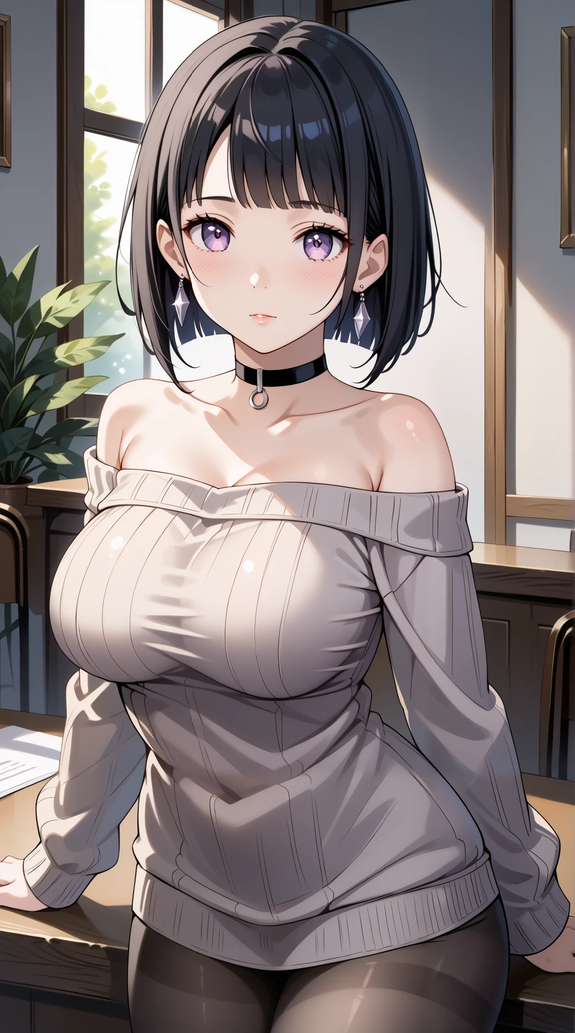 score_9, score_8_up, score_7_up, source_anime, 4K,perfect fingers,(perfect hands, perfect anatomy),prefect lighting, very aesthetic, intricate details,highly detailed background, masterpiece, high quality, best quality,
1girl, hinata_boru, bangs, short hair, black hair, huge breast,dense chest,
wearing ((pantyhose, choker, earrings, jewelry, sweater, collarbone, black_choker, off_shoulder, dress, bare_shoulders, black_pantyhose, )) ,,
relaxing,