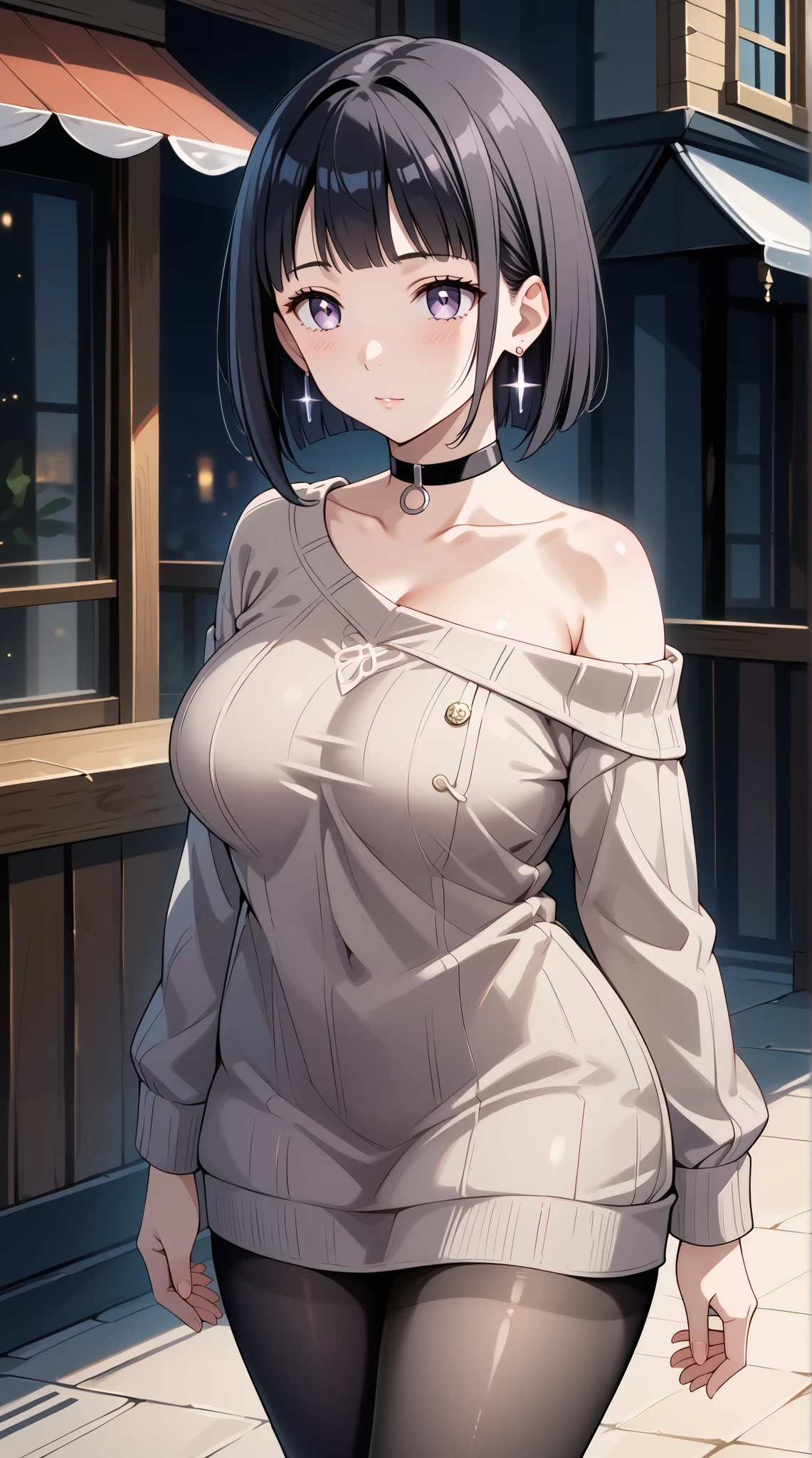 score_9, score_8_up, score_7_up, source_anime, 4K,perfect fingers,(perfect hands, perfect anatomy),prefect lighting, very aesthetic, intricate details,highly detailed background, masterpiece, high quality, best quality,
1girl, hinata_boru, bangs, short hair, black hair, huge breast,dense chest,
wearing ((pantyhose, choker, earrings, jewelry, sweater, collarbone, black_choker, off_shoulder, dress, bare_shoulders, black_pantyhose, )) ,,
relaxing,