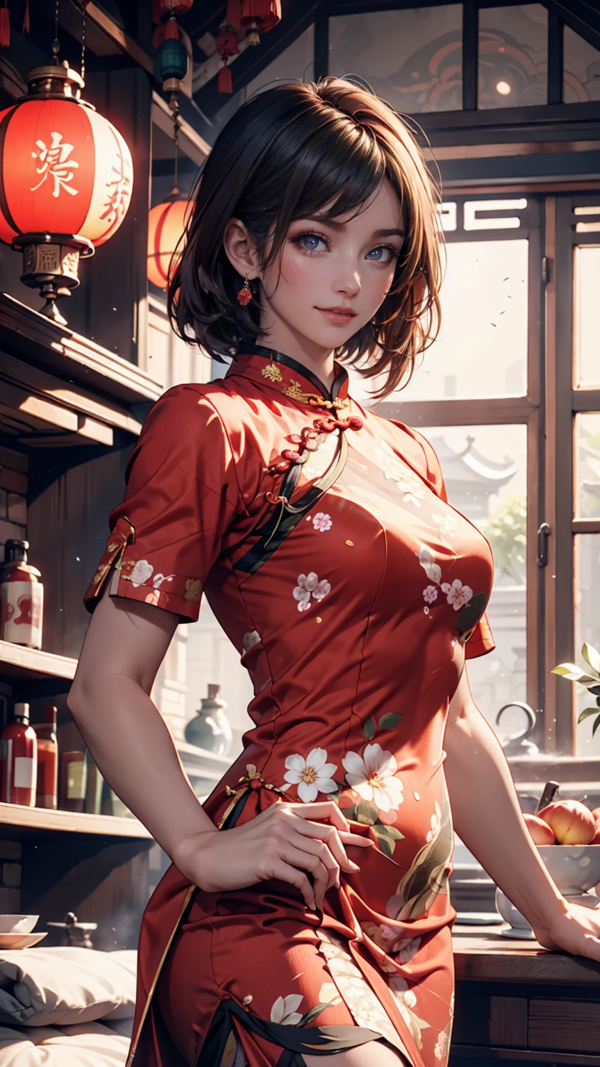One girl,Upper Body,Fashionable Girl,China dress,Chinese clothing,Hair Flower,(masterpiece:1.4),(Highest quality:1.4),(Glowing Skin),Red lips,View your viewers,Large Breasts,Lips parted