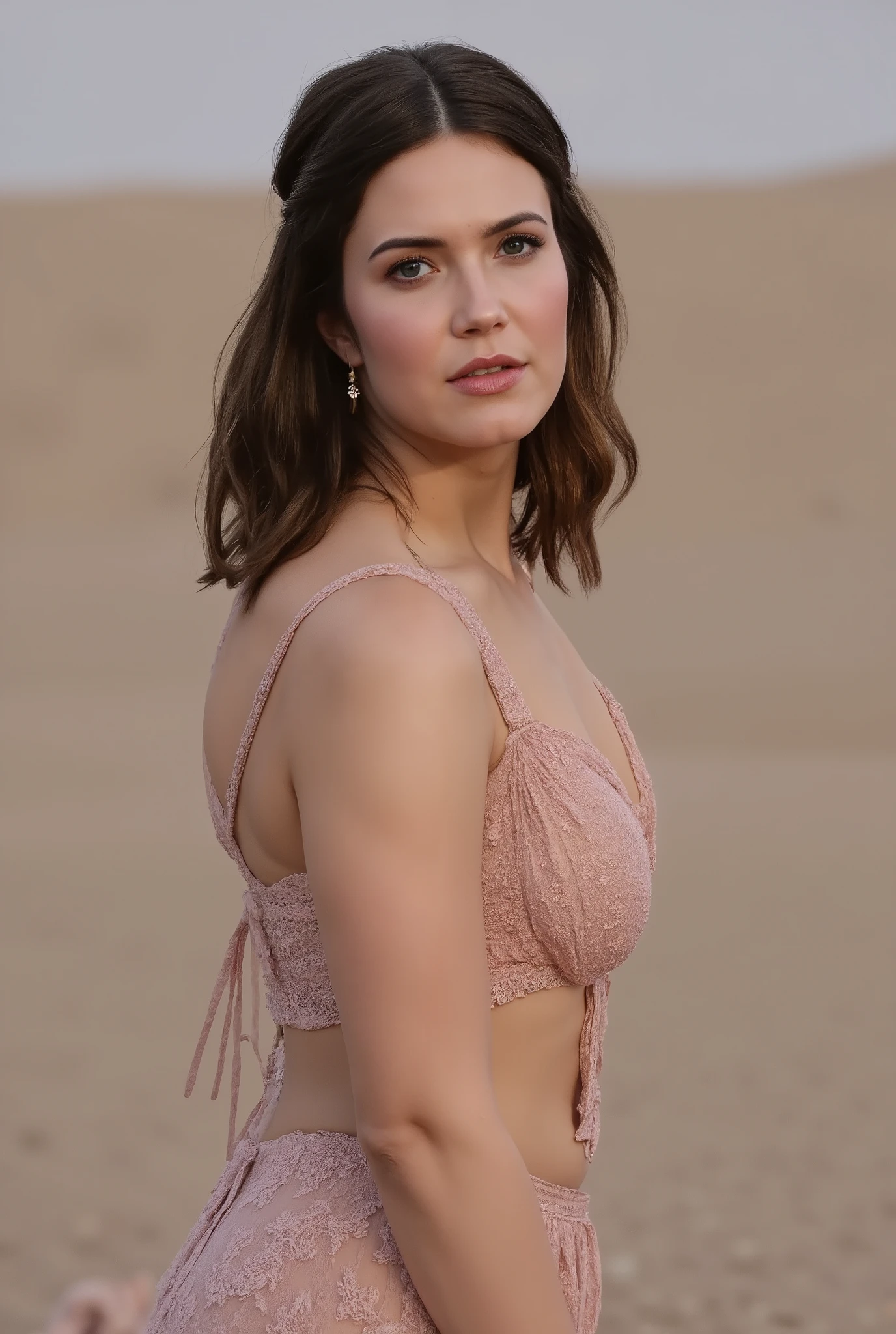 a photo of a seductive woman with loose styled dark brown hair, posing in a field of flowers, she is wearing a crochet american flag halter top, and skin tight red shorts, intricate details, goosebumps, flawless face, shy, prude, large natural breasts, shot with vintage 35mm camera ((photorealistic):1.2), raw