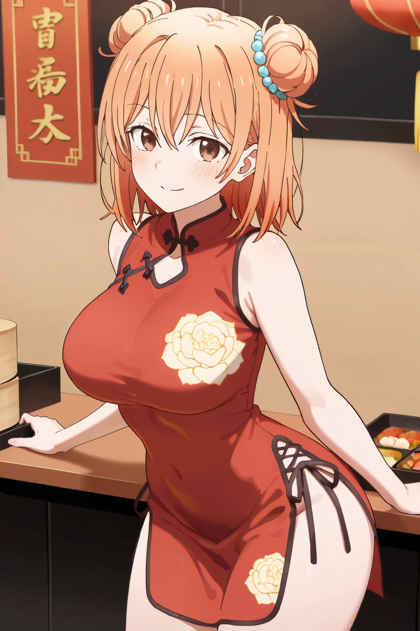 ((Highest quality, High resolution, Perfect Pixel, 4k)), (Beautiful Anime Girls), Depth of written boundary、
Watching the audience,
Perfect body,
yuigahama yui, Brown eyes、Detailed eyes、
(Big Breasts:1.3)、
Focus on the chest、
red china dress with heart cutout, Hair Bun、
Sweat、
smile、Open your mouth、
Chinese restaurant、
Selfie、