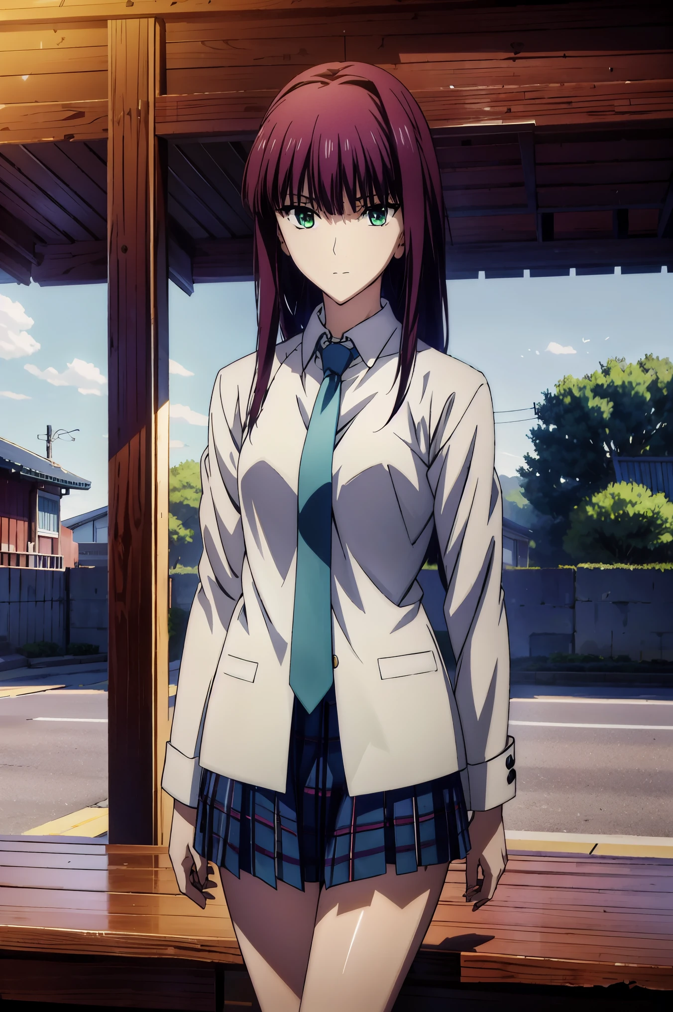 girl wearing blazer uniform,宝石のような瞳, 超 high resolution, ((( green eyes))),赤 purple hair, beautifulアニメ高校の女の子,( masterpiece:1.2, 最 high quality DVD ), ( exists, photo exists:1.4), beautifulイラスト, ( natural light , Movie Screenplay ), nsfw, watch viewers , COWBOY SHOOTING , Front view of the company :0.6, seat, Japanese, college student の女の子, perfect face, beautiful髪, beautiful顔, beautiful and amazing eyes, beautiful鎖骨, beautiful体, beautiful胸, beautiful太もも, beautiful足, beautiful指 , ((( navy jacket ), light blue shirt , details beautiful DEL I'm CATE EYES FULL OF DEC I ON , black socks, blue tartan ribbon tie )), ( beautiful風景), evening , Riverside, walk, Smooth animated CG art , 魅惑的な Anime Girl , MAKE A GIRL IN A LONG COAT , high resolution, very good detailedなイラスト, DARK BLUE PLEATED MINISKIRT VIBRATOR , RAW photo , film grain , clothed , U high resolution and 8K Connection , 長い赤 purple hairと green eyesをした Anime Girl , Anime Moe Art Style , 若い Anime Girl の接写, Smooth animated CG art , beautifulアニメの college student の女の子, Anime Moe Art Style , シュールな college student の女の子, Anime Girl , 魅力的な Anime Girl , シュールな college student の女の子, GIRL WITH SHINY CLOTHING , high resolution, CG Details , high quality DVD shadows, beautiful、delicate face、All the details , ディテール beautiful DELICATE EYES FULL OF DECISION,break( high resolution8Kの壁紙 ),(高度に CG Details 8kの壁紙),Makima ( CHAINSAW MAN ),Scathach ( Destiny / GRAND ORDER REQUIRED ),Reika Shimohira , high resolution, とても繊細で beautifulCGイラスト,最 high quality DVD , exists Feeling , exists fabric, exists texture,((( debris flies))), (((最 high quality DVD ))),8k,At 32k, masterpiece, beautiful and charming anime woman , supermarket with shelves behind, very good detailed, high resolution,シュールな college student の女の子, masterpiece, 最 high quality DVD , high quality DVD , Freshness , high quality DVD texture, high quality DVD shadow, High detail, sex , seat, college student , alone,I, alone, alone, ADULT BIB , beautiful長い脚, beautiful胸, beautiful太もも, Tight legs , beautiful leg line , Slender Hips at an Unmanned Bar ,Mature body girl, Big breasts only , beautiful胸,reddish purple hair, purple hair, BLACK CURRANT HAIR , charming Anime Girl , colorful hair, straight hair ,shy smile,幸せそうなsmile, 輝かしいoutside見 ,cute smile,Cool Beauty, beautiful女性, handsome face , beautiful写実性, attractive figure , seductive face , calm expression , beautiful髪,smile, colorful eyes , green eyes,Jade Eyes, beautiful目,bright eyes, DELICATE EYES FULL OF DECISION, Jewel Eyes ,Jade Eyes,( green eyes:1.5), charming face ,8 heads,:: 174cm,彼女は首に necklace 身に着けています, necklace ,beaded necklace ,Magatama Accessories,smile,turtleneck , sweater , JINS , blue denim pants , Ladies' bag , Behind the shoulder , Orbital Space , standing with beautiful目 , walk , holiday , takeoutside , Bustling city , low fashion , blue sky , Building Street , Model Photo, outside , takeoutside , viewer , Model Photo , private , holiday,, (((masterpiece))) , (((Best Quality))) , 8k , 32K , masterpiece , Beautiful and charming anime woman,perfect face, beautiful髪, beautiful顔, beautiful胸