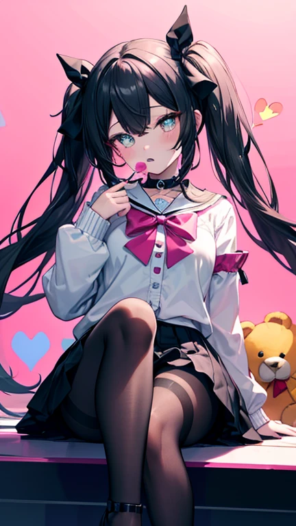 masterpiece, best quality, (jirai_kei),1girl, solo, long_hair, looking_at_viewer, shirt, black_hair, long_sleeves, bow, ribbon, twintails, sitting, monochrome, hair_bow, heart, pantyhose, frills, food, shoes, choker, blunt_bangs, black_skirt, pink_eyes, stuffed_toy, pink_background, stuffed_animal, frilled_skirt, pink_bow, (fishnets), candy, bandaid, pink_shirt, teddy_bear, lollipop, (fishnet_pantyhose), platform_footwear, pink_theme, pill, heart-shaped pupils,