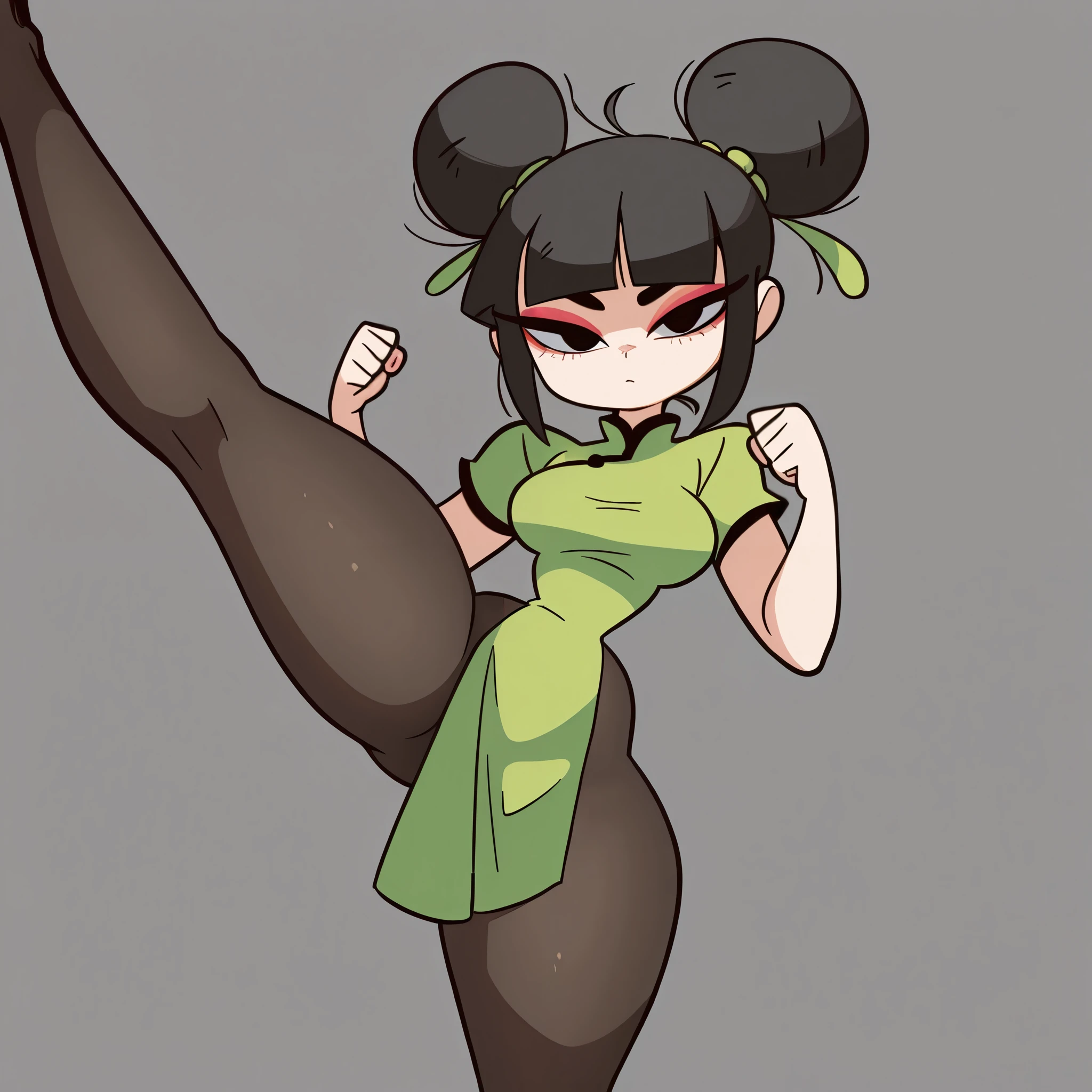 1girl, solo, short black hair, two buns, middle bangs, black eyes, makeup, eyelashes, eyeshadow, medium breasts, narrow waist, wide hips, thick thighs, green qipao dress, black pantyhose, serious, high kick pose, fight stance, standing, looking at viewer, simple background, from the front view, diives