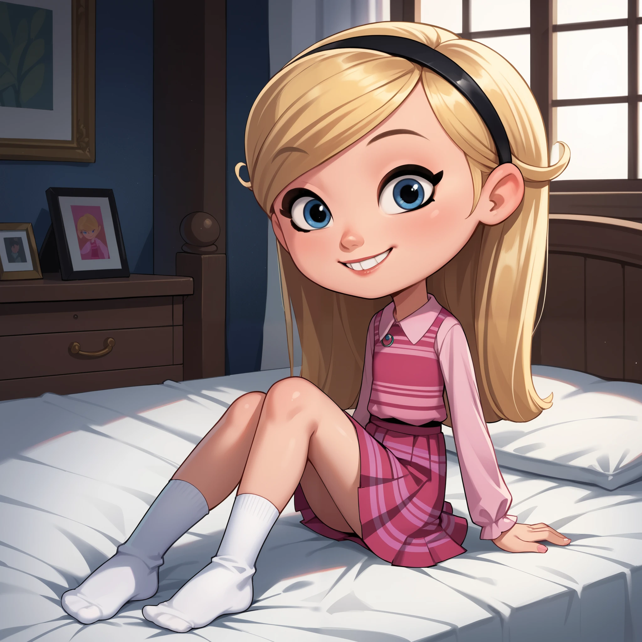 score_9, score_8_up, score_7_up, source_anime, ,8-, 1girl , solo , full body, , penny peterson , long hair, blue eyes , 2d , blonde hair , skirt , pleated skirt , white high socks , dress , pink dress ,sleeves, no shoes, ,no shoes,
sitting, on bed, cute smile, ,teeth, ,bend your knees, ,looking at viewer, smile, indoors, (pink bedroom:1.2)