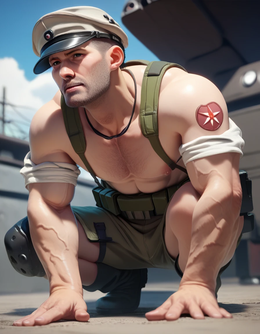 masterpiece, high quality, best quality, portrait, tf2engie, goggles, yellow headwear, hardhat, single glove, side view, (((topless, topless male, muscular, hyper muscles, bara,  huge muscles, big muscles, abs, pecs, nipples))), (carrying heavy object), detailed background, sky background , looking away, <lora:engielorav1:0.6>