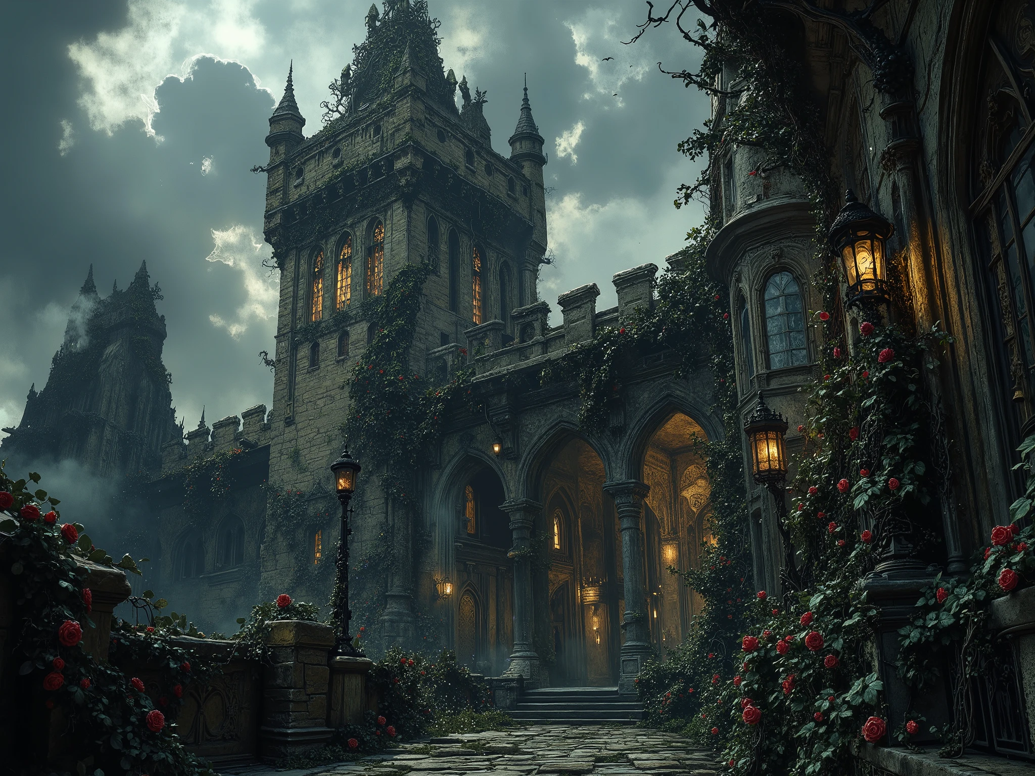 A beautiful and sinister necromancer's castle, overgrown with wild black roses and full of undead servants and monsters