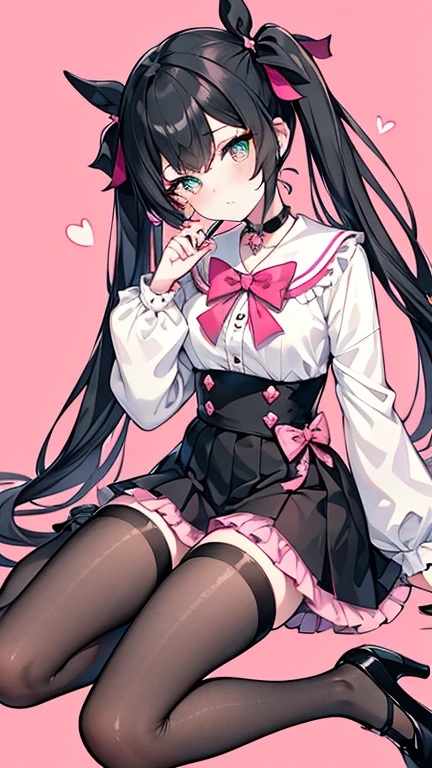 masterpiece, best quality, (jirai_kei),1girl, solo, long_hair, looking_at_viewer, shirt, black_hair, long_sleeves, bow, ribbon, twintails, sitting, monochrome, hair_bow, heart, pantyhose, frills, food, shoes, choker, blunt_bangs, black_skirt, pink_eyes, stuffed_toy, pink_background, stuffed_animal, frilled_skirt, pink_bow, (fishnets), candy, bandaid, pink_shirt, teddy_bear, lollipop, (fishnet_pantyhose), platform_footwear, pink_theme, pill, heart-shaped pupils,