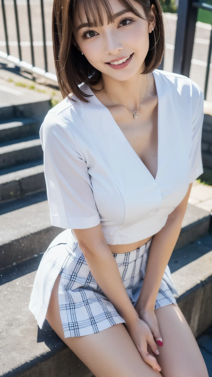 Female 1、short hair、 tight fit top 、 is standing on the stairs、from below、white shirt、plaid miniskirt、Attractive legs、raw photos of Kao all、In 8K、top quality、 Ultra High Resolution、Beautiful face in every detail、Real Human Skin、 fresh smile、realistic、photorealistic、Japanese High School Girl Uniform、opens her mouth, tongue,