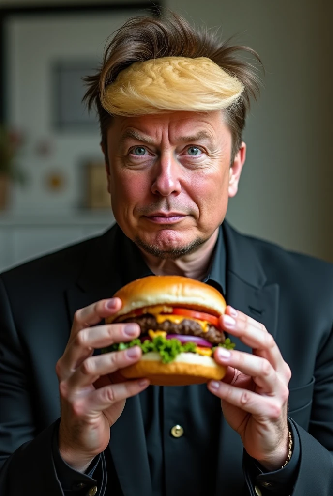 man sitting at chair in front of table eating a cheeseburger at an american restaurant, burger, holding food, holding cheeseburger, <lora:senatorarmstrong-18:1> senatorarmstrong, muscular male, collared shirt, suit, black suit, american flag, formal, yellow necktie, open mouth, ((eating)), american flag,