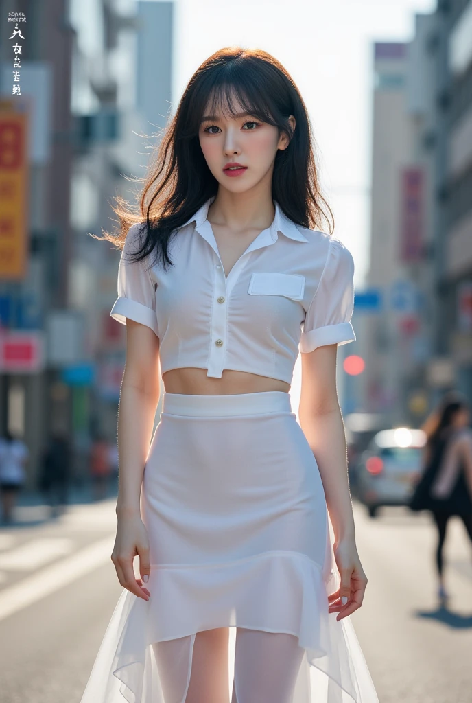 1girl, solo, (uniform), at night club, beautiful realistic city scenery at the background, angry face, thick breasts, smooth skin, tight white shirt, grey blue short skirt, looking at the audience, (zoom out:1.4), (8k, RAW photo, best quality, masterpiece: 1.3), (realistic, realistic: 1.37), ultra-high resolution