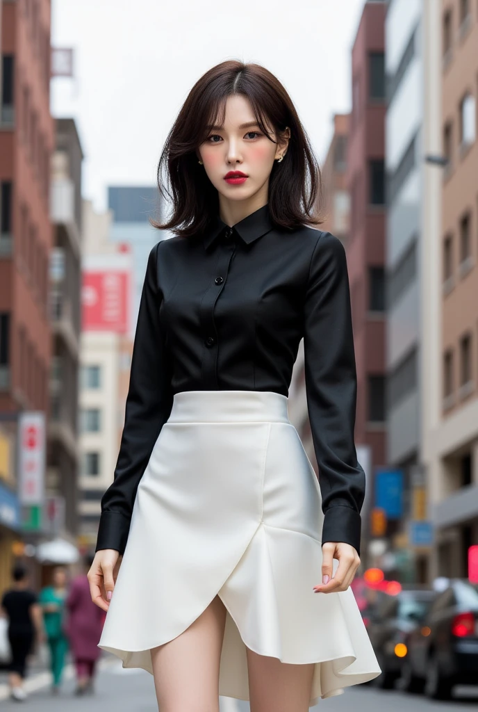Create an ultra-realistic image of a 21-year-old Japanese woman named Kotone shopping in a trendy city district. She has extremely long, perfectly straight black hair that flows down to her waist, with blunt bangs that cover her forehead. Her eyes are large and enchanting, with double eyelids that give them a captivating and youthful appearance. Her face is delicate and innocent, with very thin eyebrows that frame her large, childlike eyes. Kotone's skin is smooth and flawless, resembling snow in its pure white color. Kotone has a slender and well-proportioned body with a bust size of 95 cm, a cinched waist, slim thighs, and firm buttocks. Her complexion is flawless, without any wrinkles, and her natural makeup enhances her features subtly, maintaining a fresh and youthful look.
Kotone is dressed in a fashionable outfit, consisting of a chic blouse, a stylish skirt, and trendy shoes. She is carrying several shopping bags from high-end boutiques, with a joyful and excited expression. The background is a bustling city street lined with shops and cafes, creating a vibrant and dynamic atmosphere. The lighting is soft and natural, emphasizing the smoothness of her skin and the delicacy of her features, creating a sense of depth and realism. The scene captures the excitement and joy of a shopping day, with Kotone at the center, embodying elegance and style.