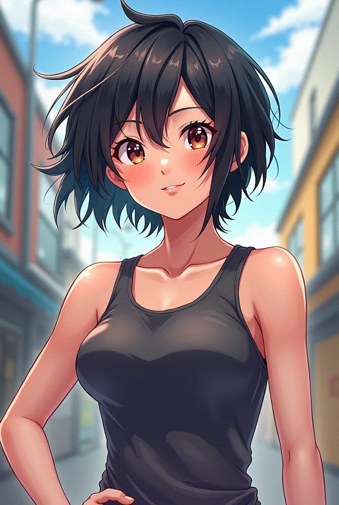 one-girl,medium breasts,cleavage,Bust photo,looks into camera,portrait, short black hair,bob cut, black eyes, strapless, Red and Black dress, Off-the-shoulder attire,City streets, smile, sunny day, 2D illustration, vector art.