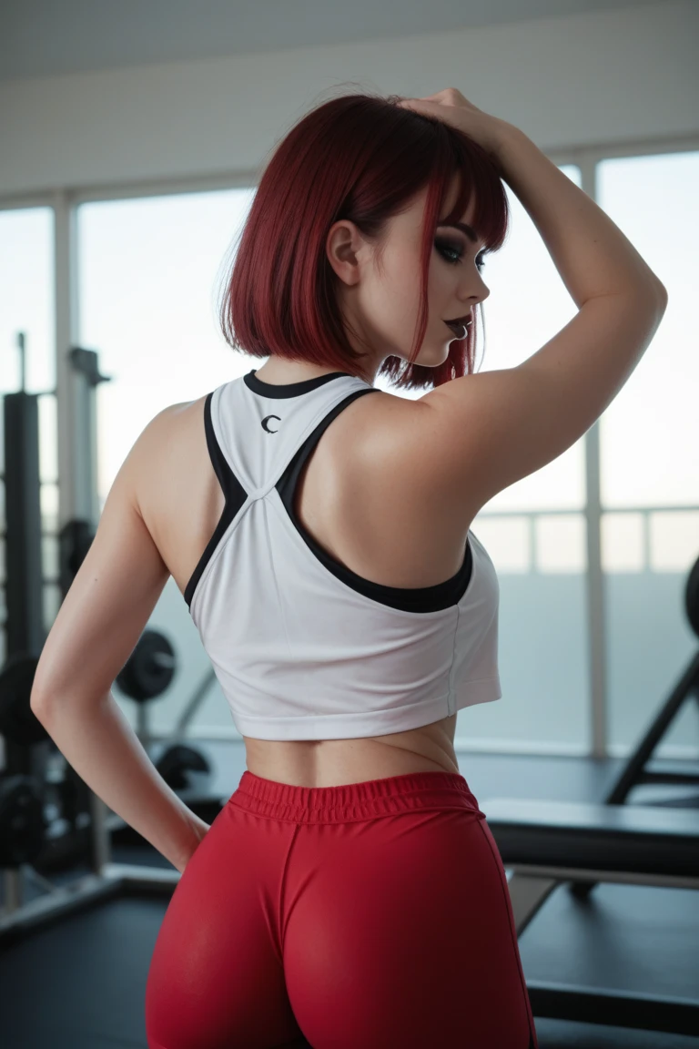 8k, RAW photo, best quality, ultra high resolution, photorealistic, (slim) girl with black purple short undercut haircut, 18 years old, eye makeup, perfect hands, five fingers, score_9. score_8_up, score_7_up, score_6_up, score_5_up, score_4_up, 1girl, red hair, curvy, gothic, g0th1cPXL, glowing, neon, devil