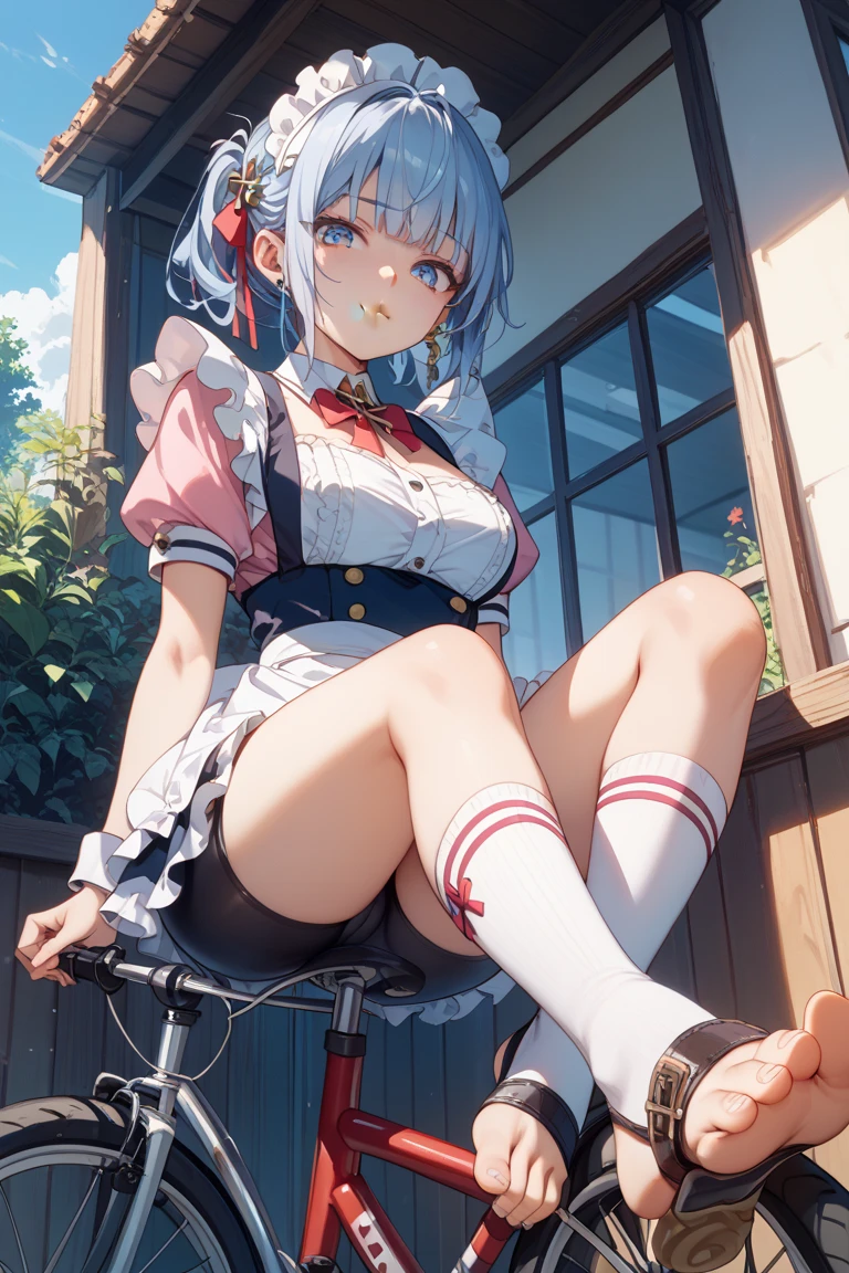 1 girl, glasses, (full body:1.2), sitting, (angle from below:1.1), (angle from the side:1.1), smile, (slim body:1.2), (huge breasts:1.5), (slender and long legs:1.1), black hair, short hair, high , sailor, pleated skirt, (blue socks:1.1), brown loafers,