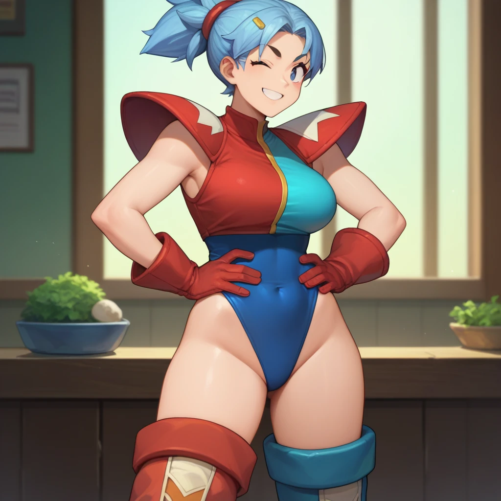 <lora:EchoSaberSDXL:1> <lora:Smooth Style 2 SDXL_LoRA_Pony Diffusion V6 XL:0.75>, score_9, score_8_up, score_7_up, 2D, EchoSaber, bulma (dragon ball), 1girl, solo, smug, smirk, playboy bunny, red high-heels, black leotard, red bowtie, fake animal ears, blue pantyhose, indoors, looking at viewer, half-closed eyes, standing, hand on own hip, cowboy shot