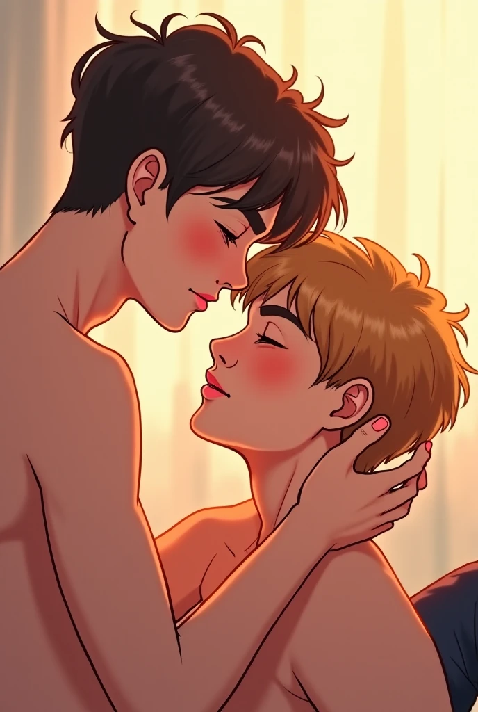 dos chicos masculinos, Handsome Spanish teenagers underwater giving a passionate kiss on the mouth., agua azul profunda, un chico es rubio, el otro chico es de pelo negro, cuerpos definidos de ginmasio, morenos de piel, Surreal lighting, detalles realistas, vivid colors, dream atmosphere, amor juvenil, olas suaves, piel perfecta, gotas de agua semitransparentes, Oxygen bubbles are observed around it., toque delicado, intimate moment, passionate emotion, burbujas sutiles, serena tranquilidad, love connection, feeling of shortness of breath, movie scene, artistic portrait, ethereal beauty, magnetic chemistry, lovely atmosphere, pure and tender affection, historia de amor eterna