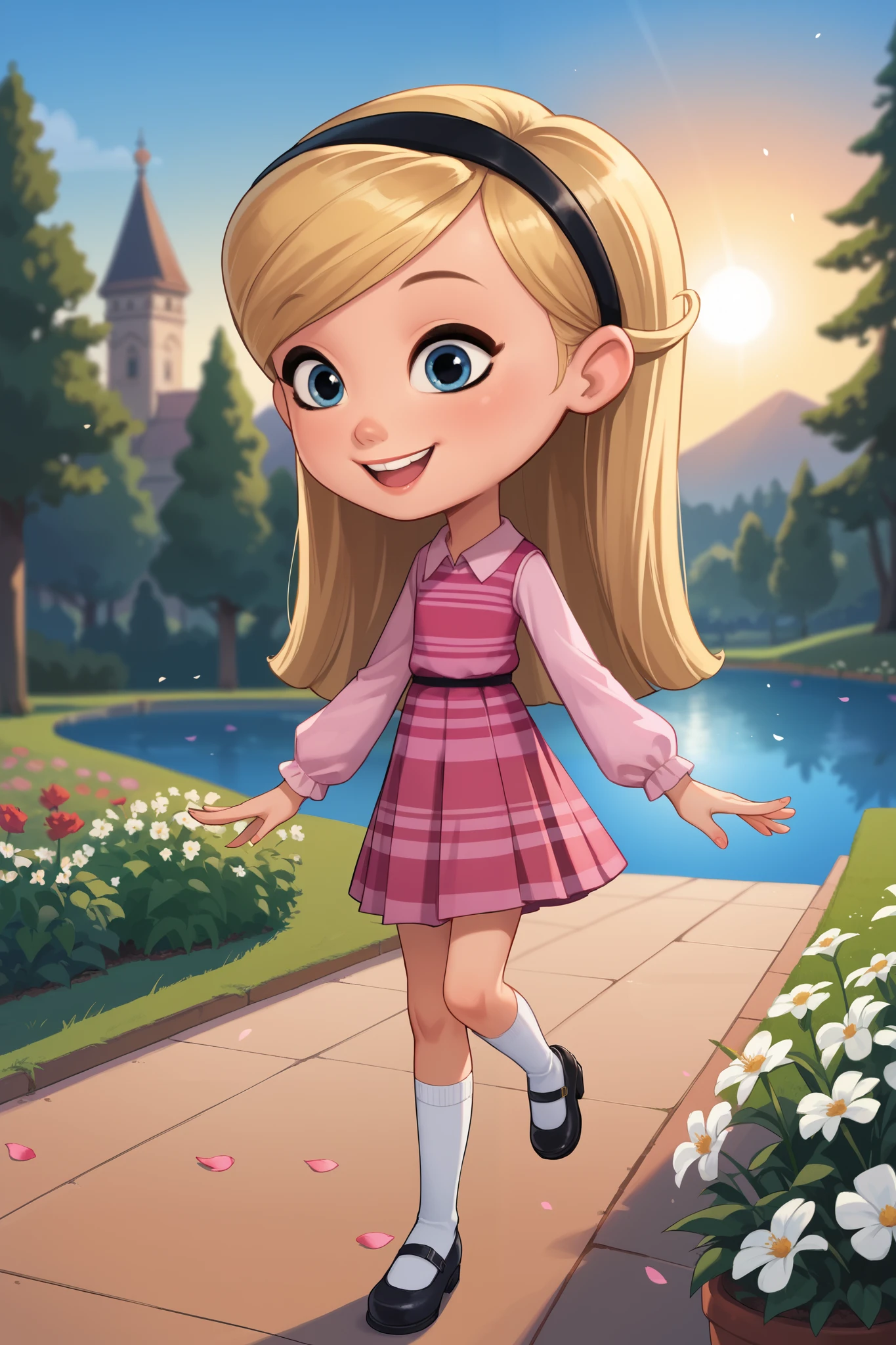 score_9, score_8_up, score_7_up, source_anime, 1girl , solo , full body, , penny peterson , long hair , blue eyes , 2d , blonde hair , skirt , pleated skirt , hairband , black hairband , white high socks , dress , pink dress ,sleeves, ,Black Mary Janes , open smile , reaching out , jumping , blurry background , depth of field , soft lighting , outdoors , grassland , flower , tree , garden , hill , falling petals , sunset, ,sun, lighting