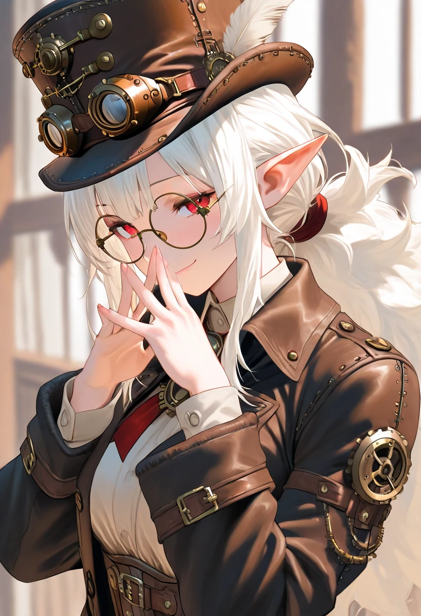((masterpiece )), (top quality), (best quality), ((ultra-detailed, 8k quality)), Aesthetics, Cinematic lighting, (detailed line art), Beautiful digital artwork, Exquisite digital illustration, absurdres, 
BREAK,
beauty of elf girl, lady in the hat and round steel gear, glasses, victorian clothes, deep_cleavage, shiny skin,(steampunk_costume), corset, Hat, ((steampunk)), cinematography, crafted, elegant, Hippie Glasses Retro Round Metal, walking, Dynamic angle,
BREAK,
highly detailed of (elf), (1girl), perfect face, details eye, Bob cut hair, Blunt bangs, (hair between eye), blonde white hair, blue eyes, eyelashes, eyeshadow, pink eyeshadow,  smile, design art by Artgerm, by Kawacy, By Yoshitaka Amano,
BREAK, 
((perfect anatomy)), nice body, medium breast, extremely detailed finger, best hands, perfect face, beautiful face, beautiful eyes, perfect eyes, perfect fingers, correct anatomy, 