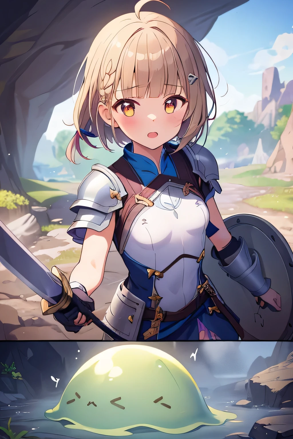 ((top quality)), ((masterpiece)), (Details), 1 girl。blunt bangs。Short Hair。braided ponytail。ahoge。cute barrette。 looks young。(small breasts)。(moving composition)。 light armor。shield。cut slime with a longsword。cave。Slime broken in two。