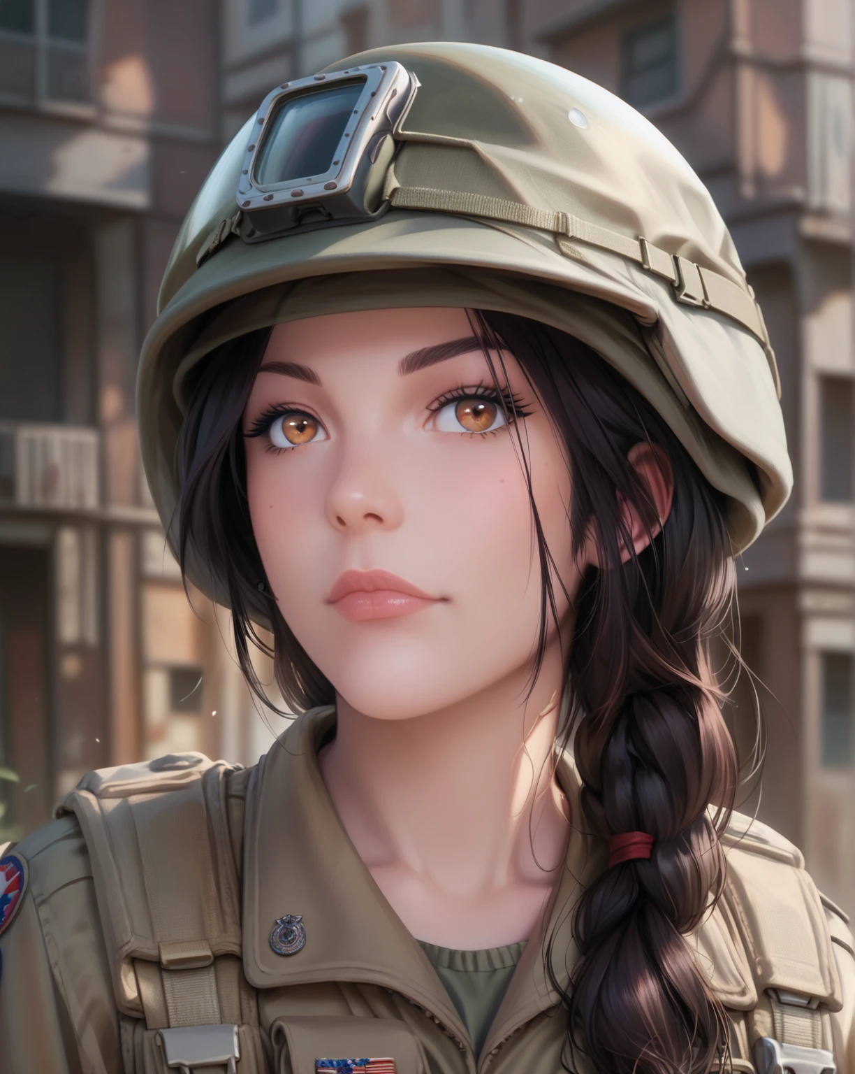 Mulher loira de uniforme posando para uma foto em uma cidade, menina soldado, Arte no estilo de Guweiz, menina vestindo o uniforme, Retrato da menina do soldado bonito, menina da infantaria, arte de anime realista, Wojtek FUS, menina militar, Estilo anime 3D realista, estilo de arte realista, aluna hiperrealista, photorealistic anime girl rendering, Retrato da menina do soldado