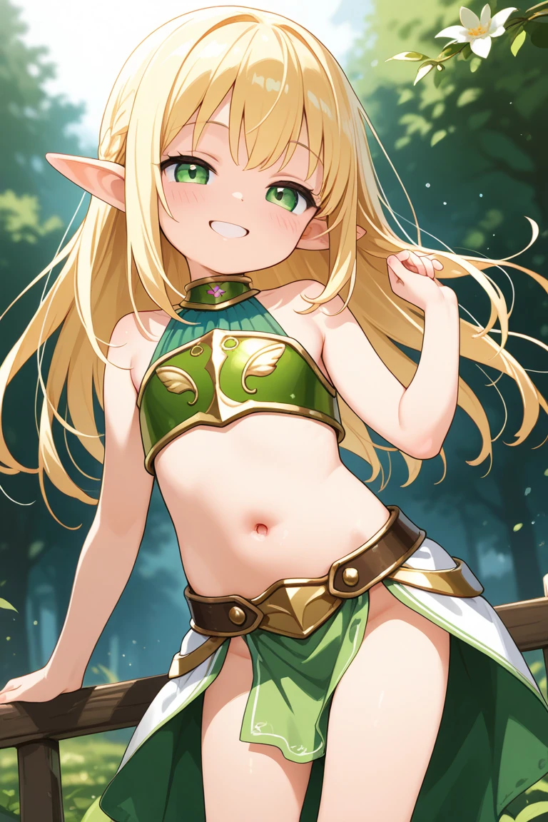 masterpiece, best quality, elf girl dancing on a big flower, sparkling eyes,