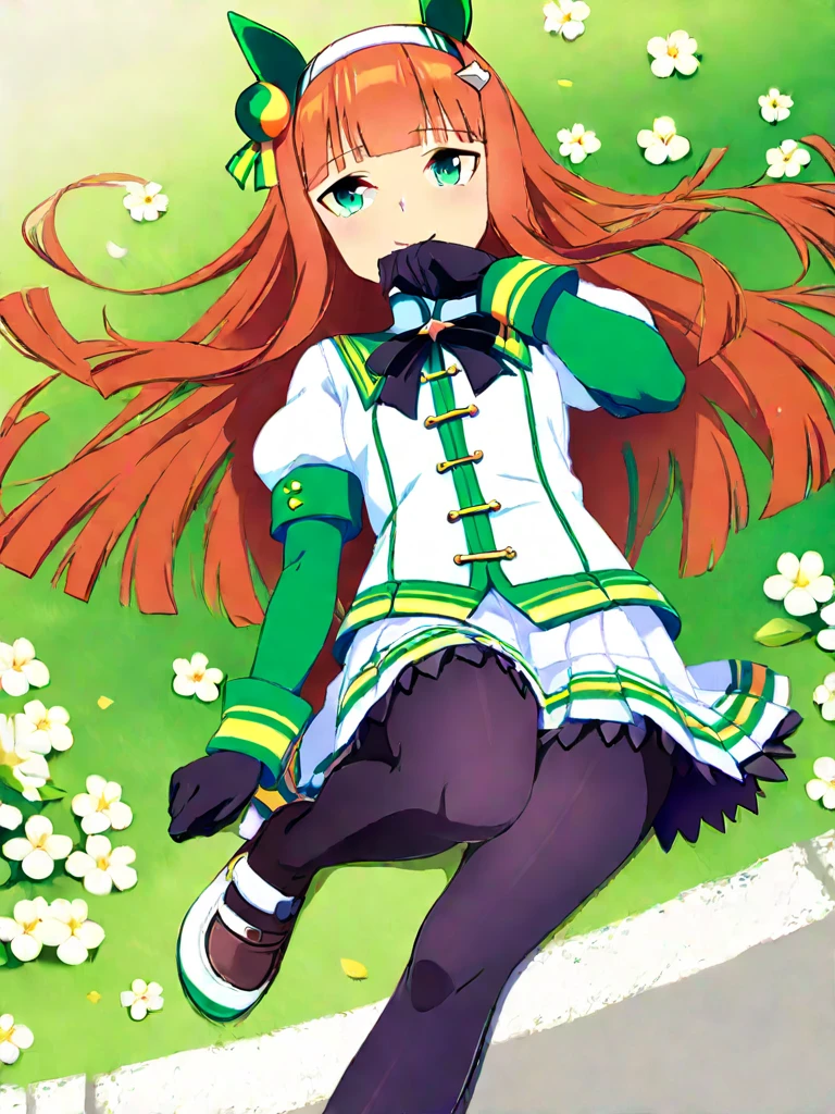 masterpiece, highest quality,  Full body wide angle, cute smile, Silence Suzuka \(Umamusume\),black gloves, white skirt, pleated skirt, black pantyhose, Layered sleeves, Puffy Short Sleeves, short over long sleeves, Black bow, Flowing grass,side ponytail