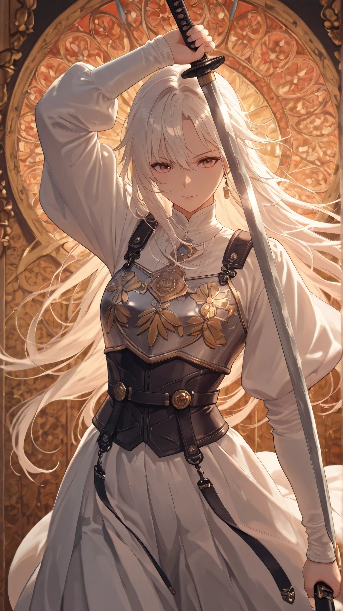 Vivid and colorful illustration of an anime-style female samurai character with white hair and a long sword held in front of her face. The background is filled with colorful patterns representing ancient symbols and floral motifs. The background is a cherry blossom snowstorm. The bold colors and intricate designs in the background enhance the overall visual appeal. The artwork showcases vibrant colors, intricate detailing on both her attire and armor, a style that captures her movement as she walks forward, intricate detailing on both her attire and armor, a style that captures her movement as she walks forward.