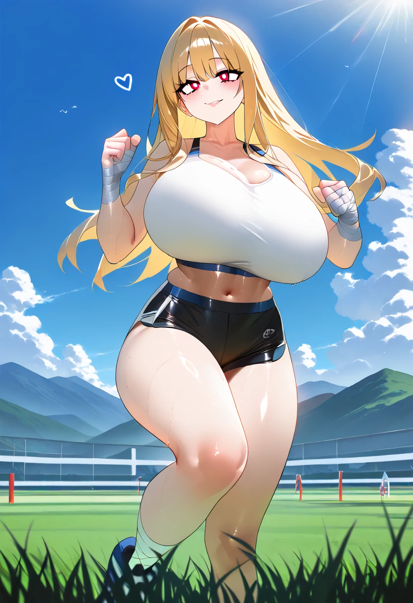 (perfect face,light bronde hair,perfect grey eyes,teresa, gym clothes,tank-top, white sirts,navy-blue buruma,high leg buruma,skindentation:1.2),(masterpiece:1.3), (score_9,score_8_up,score_7_up:1.3),(gigantic boobs,excessive gigantic voluptuous super mature milf toned body, excessive plumpy pussy:1.3), (excessive blushing, aroused face, excessive intense trembling:1.2),at stadium, (source_anime, screencap, anime screencap, official screencap:1.2), (milf, mature female, motherly:1.1),standing, smiling, arms behind head,posing,