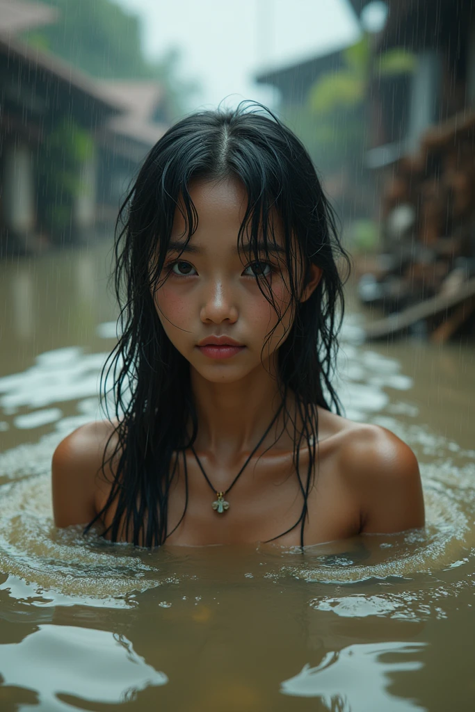wet market,Pork stalls,rugged asian girl, wet messy hair, sweaty face, shiny skin, hot and steamy, dirty torn top