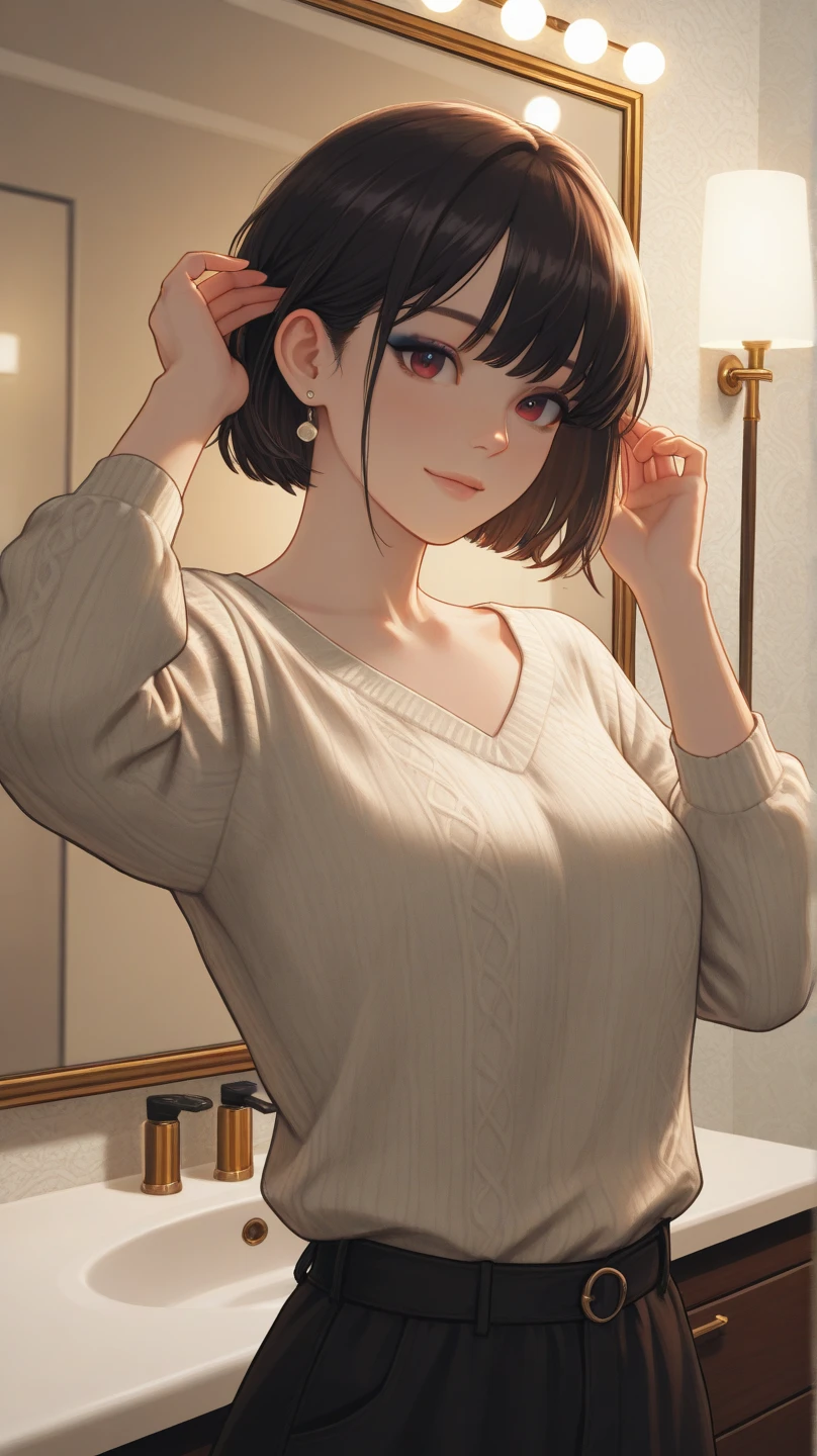 Arab asian woman in sweater and panties posing for photo, Short hair, Soft Portrait Shot 8k, 8K Portrait Rendering, sakimichan hdri, Photorealistic anime girl rendering, Trending on cgstation, Realistic Anime 3D Style, [ 4K Photorealism ]!!, 8k Sensual Lighting, Beautiful Asian Girl