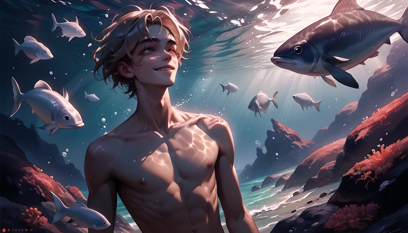 ((masterpiece)),(((best quality))), (high-quality, breathtaking),(expressive eyes, perfect face), 1boy, solo, male, young, 18 yo boy, short blonde hair, brown eyes, smiling, slim, beautiful scenery, sea, under the sea, beautiful fishes, naked, speedos, abs,  beatiful color of the sea --auto