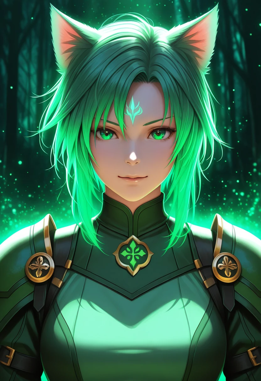 A woman with cat ears, green hair and green eyes, full-length - SeaArt AI