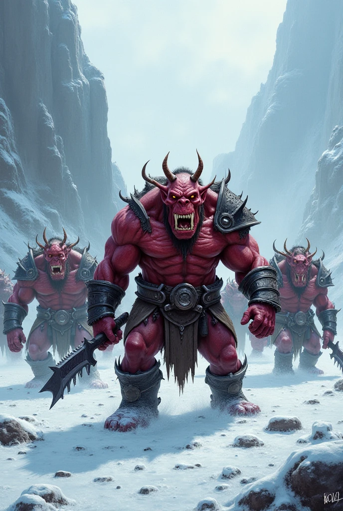Picture a large, mountainous, muscular group of ogres with thick, short conical horns at the top of their foreheads, red skin all over their bodies, tribal markings, and fierce expressions. They are walking toward us in the mist, mysterious and imposing. The ogre in the center is considerably larger than the other ogres, suggesting that it is a leader and an important creature. These ogres wear skulls and waistcoats as ornaments, enhancing their mysterious presence. High-quality image. The three ogres are walking toward us, and each ogre is captured in the composition, toe to toe. The image is appropriate for a scene in a movie. Produce this image.
