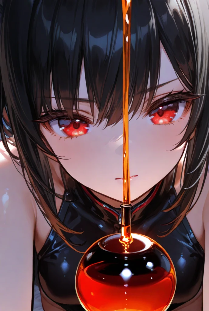 (blood sacrifice:1.5),(far profile:1.1),(emerald cup:1.2),(1 black demon),vomiting blood into the cup,1 beautiful girl and 1 black demon, pact with the devil, witch with demon,