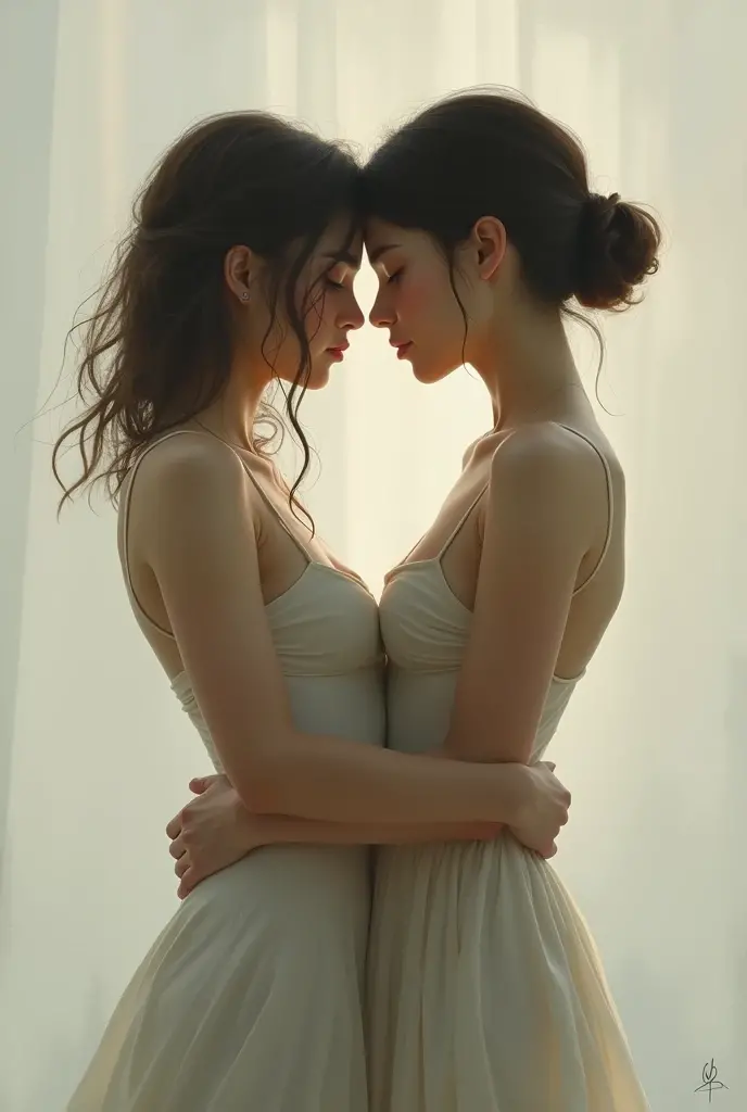 Create a photo of a 30 year old young woman, with a slender and beautiful body, completely naked, with white and clear skin, with long light brown hair, wearing hoop earrings and has her back to the camera as she is lifted onto the shoulder of an obese black teenage girl, dark black skinned, did, lowrise, who has short hair, who wears glasses and a blue dress