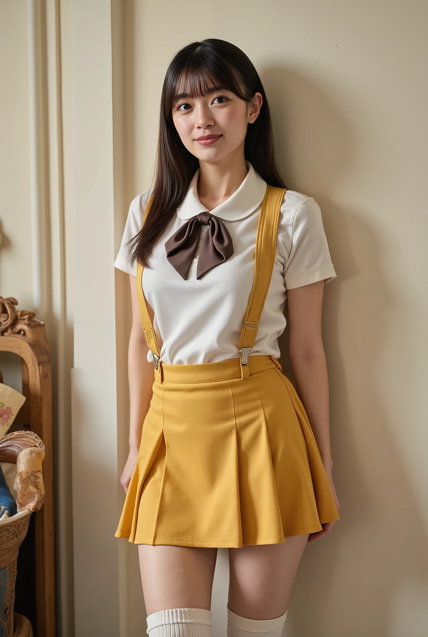 there is a woman that is standing in a room with a skirt, dressed as schoolgirl, lalisa manoban of blackpink, thighhighs and skirt, wearing honey - themed miniskirt, youtube video screenshot, wearing skirt, lalisa manobal, wearing skirt and high socks, small curvy , lolidress, belle delphine