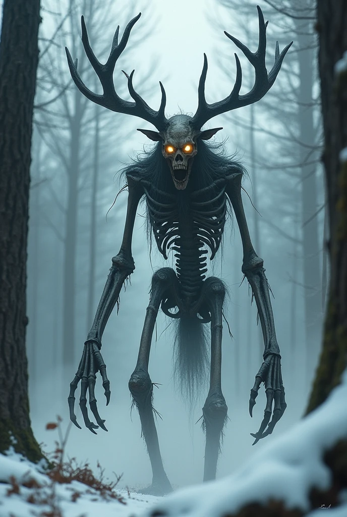 Create an ultra-realistic image of a Wendigo, a terrifying creature from Algonquian folklore. The Wendigo should have a gaunt, emaciated humanoid figure with elongated limbs and sharp claws. Its skin should appear stretched tightly over its skeletal frame, with patches of frostbite and decaying flesh. The face is hollow, with deep-set glowing eyes, sharp teeth, and antlers protruding from its skull. The environment is a dark, snow-covered forest, with a cold mist enveloping the scene, adding to the eerie, haunting atmosphere