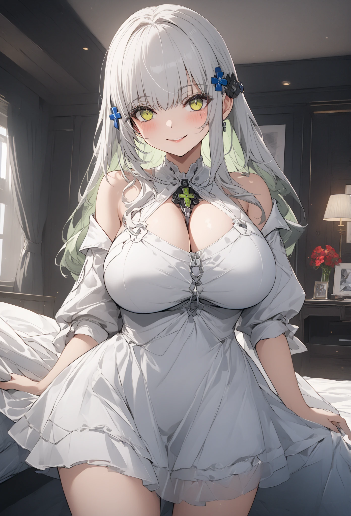 from above, supine, lie down, high image, super detail, high resolution, pretty girl, co-sleeping in bed, open one's mouth, ecstatic expression, amorous expression, seductive look, flowing layered messy white hair, emerald green eyes, huge breasts, under boob, great proportion, perfect proportion, slender, full body --auto