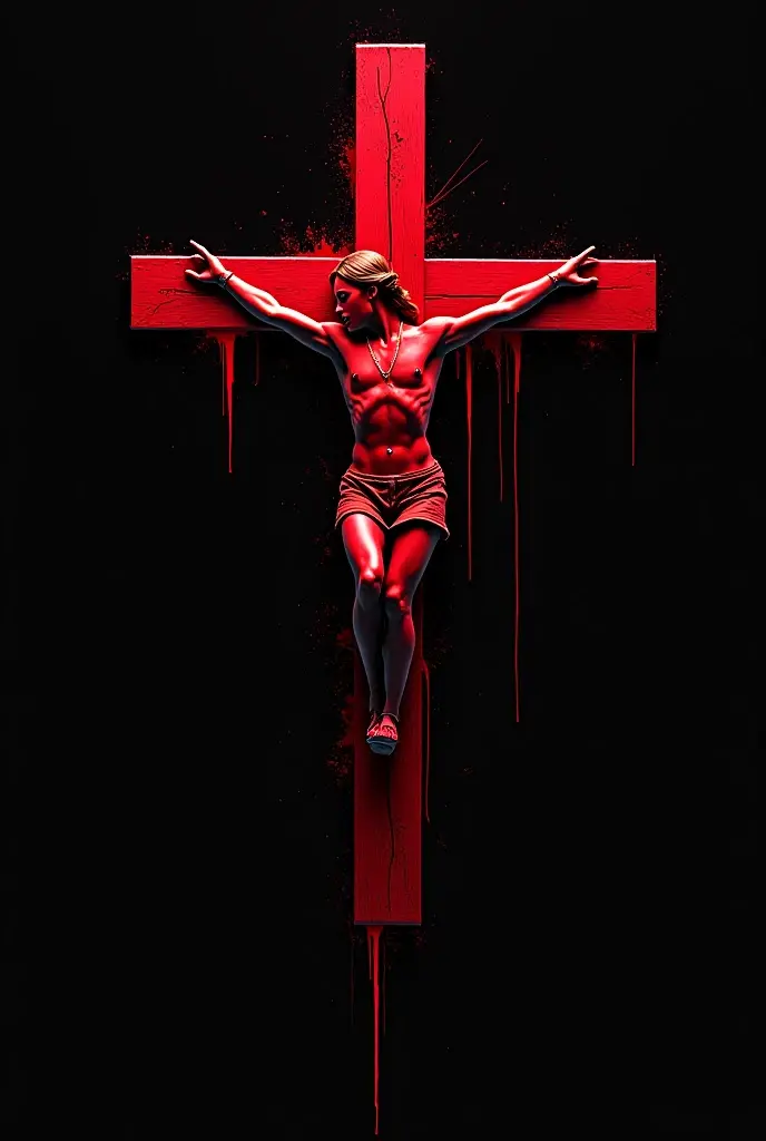 Emblem with a drawing of a skinless man hanging on a wooden X, pink background with red blood drops falling