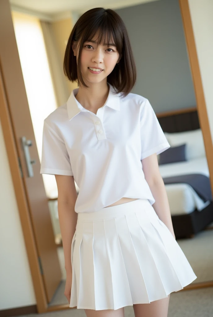 (ulzzang-6500-v1.1:0.8), Best Quality, Ultra High Definition, (Photorealistic:1.4), Cinema Light, Depth of Field,Beautiful Face, (PureErosFace_V1:0.3), Very Delicate and Beautiful, Highly Detailed,Unity,8k Wallpaper, Amazing, Fine Detail, Masterpiece,Best Quality, Best Quality, 1girl, Beautiful Detailed Girl, Highly detailed eyes and face, Beautiful detailed eyes,(Small hips:1.3),(Small breasts:0.3),((Shirt with white collar)),((White skirt))、((Flared skirt))、((Delicate shirt)),((Yuki Kashiwagi:0.8),((Akari Suda:0.5))), Idol, Beauty, 25 years old