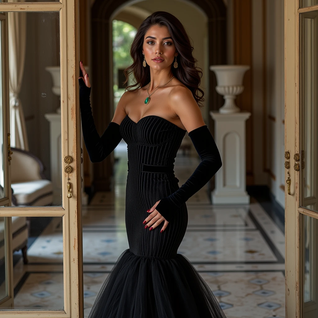 Gorgeous middle aged woman, long flowing black hair, standing in a sky blue long evening dress with a deep neckline, studio photo